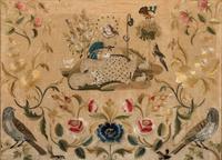 A Needlework Embroidered Picture of a Shepherdess with Flock