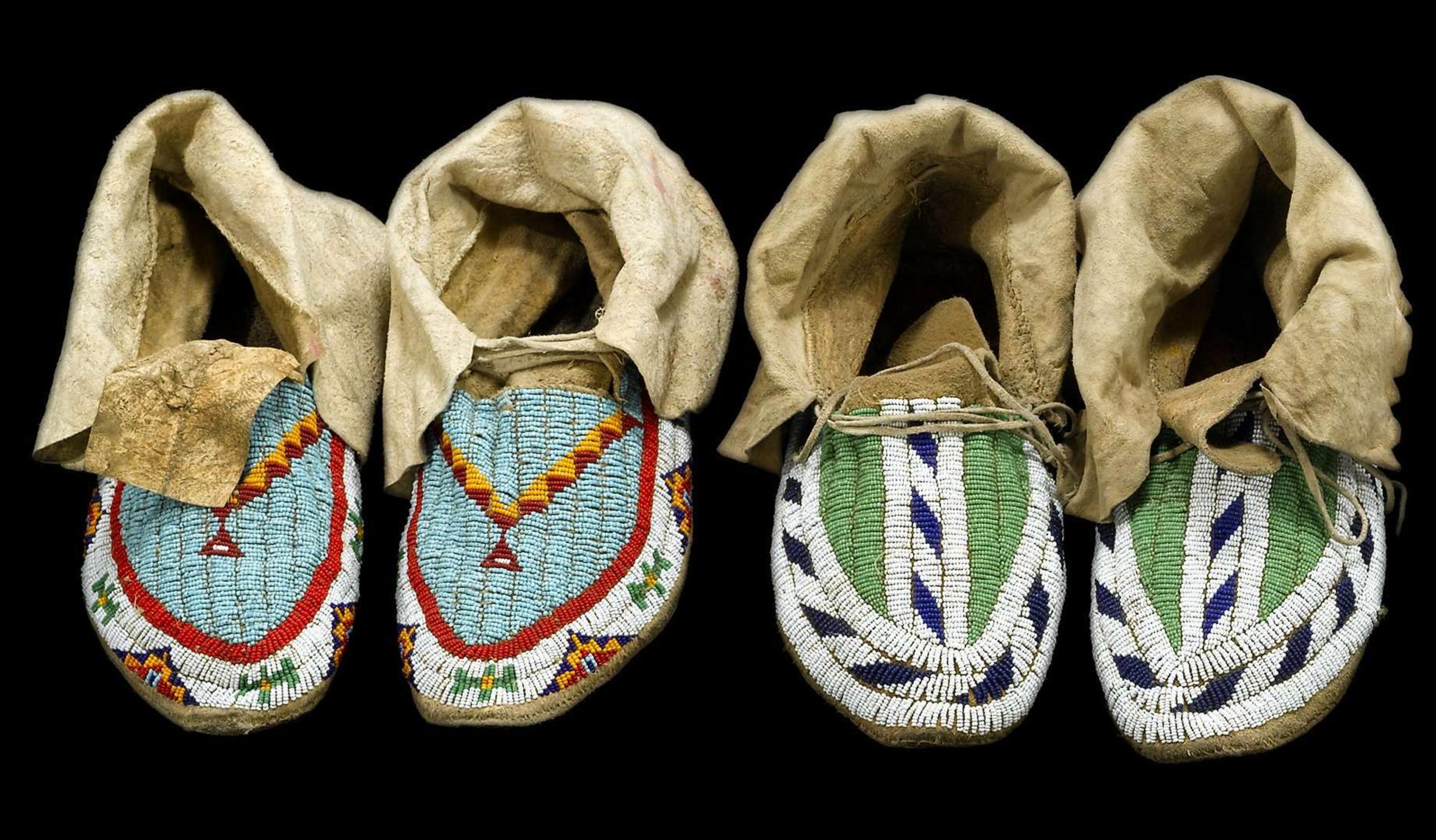 Two pairs of Sioux beaded moccasins mrs. essie brown and mrs. dora red bear, bullhead, south dakota, late 1940s