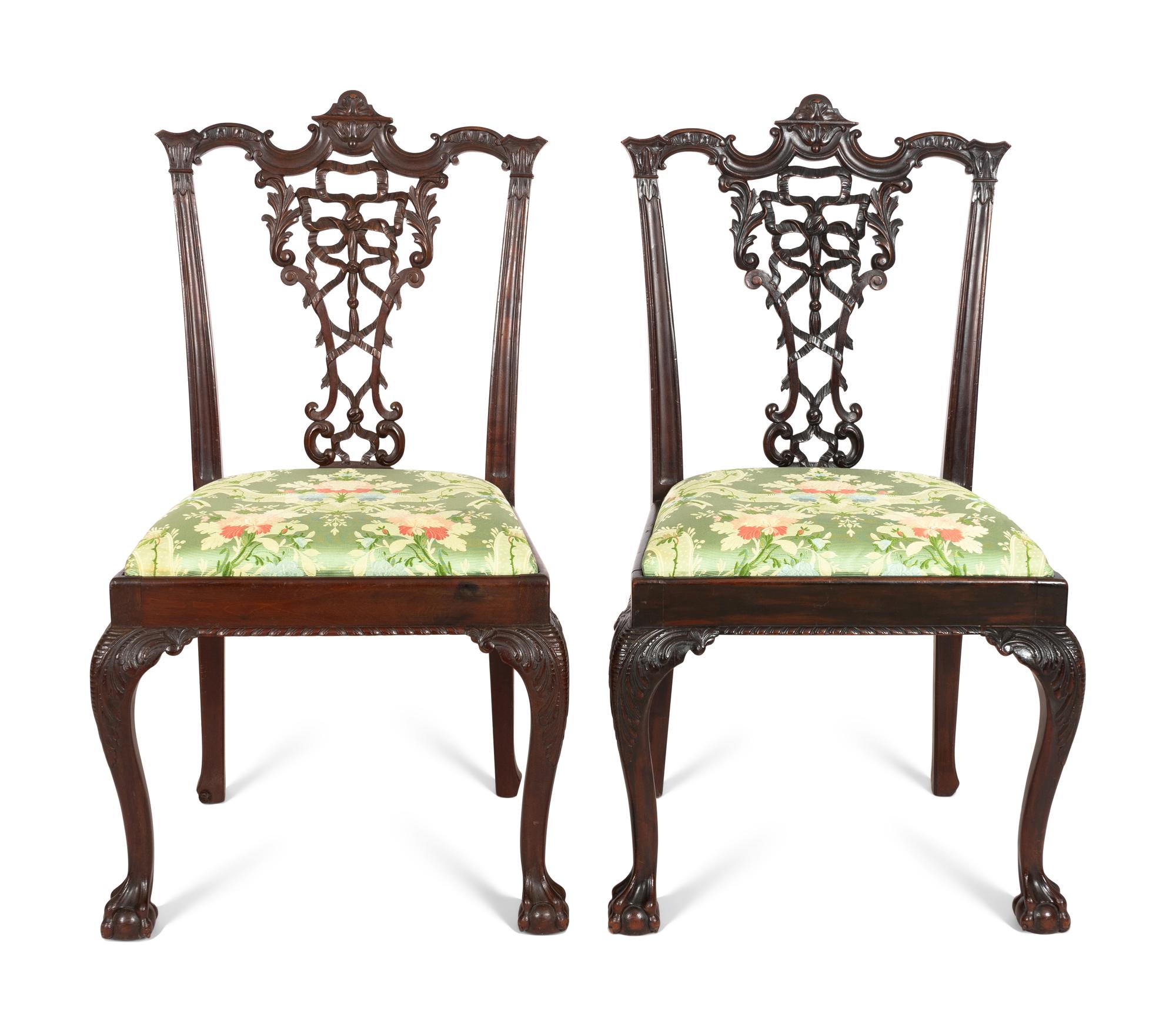 A Pair of George III Style Ribbon-Carved Mahogany Side Chairs