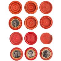 [EARLY PHOTOGRAPHY - UNION CASES]. A group of 6 assorted red "oreo" union cases, highlighted by very very rare floral example, including: