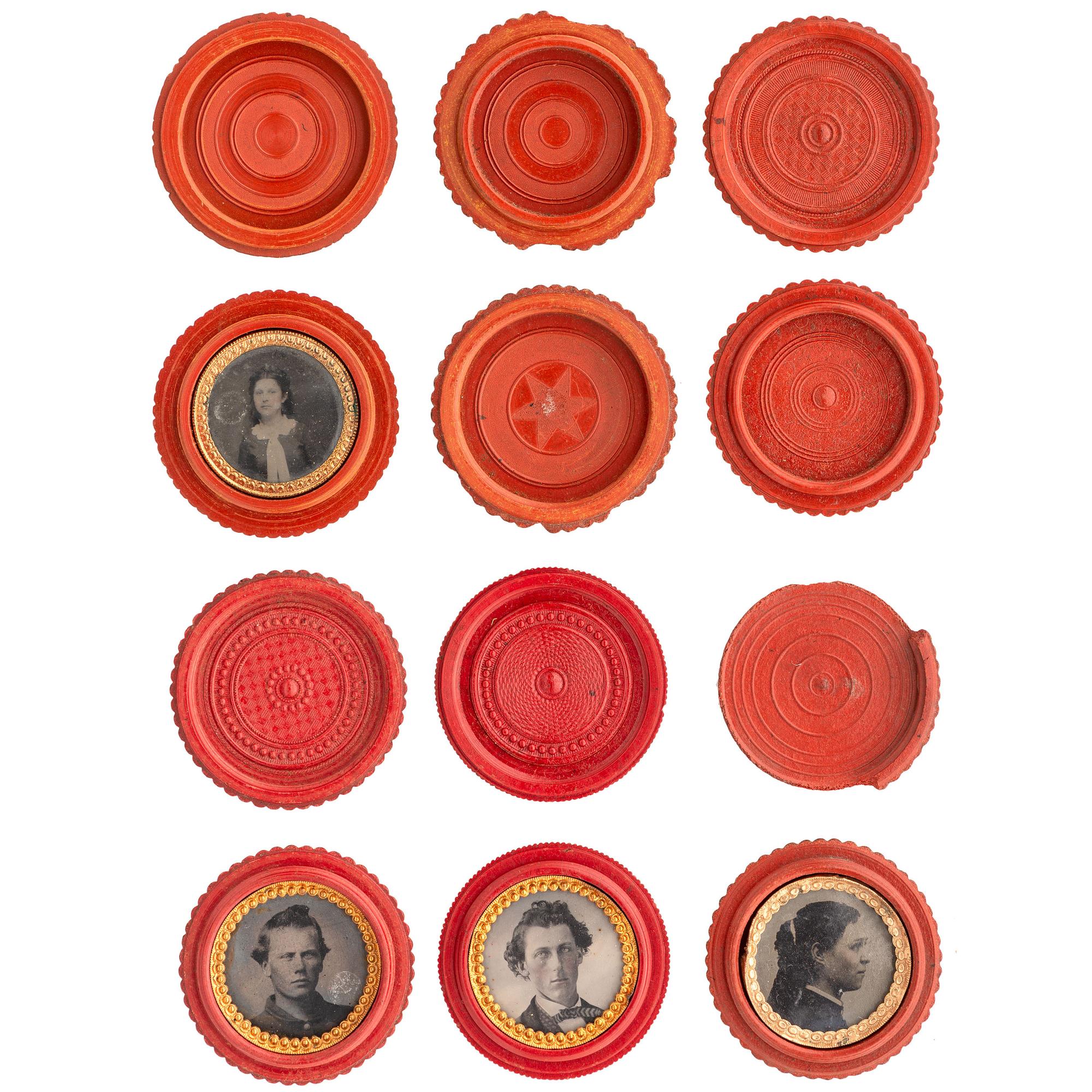 [EARLY PHOTOGRAPHY - UNION CASES]. A group of 6 assorted red "oreo" union cases, highlighted by very very rare floral example, including: