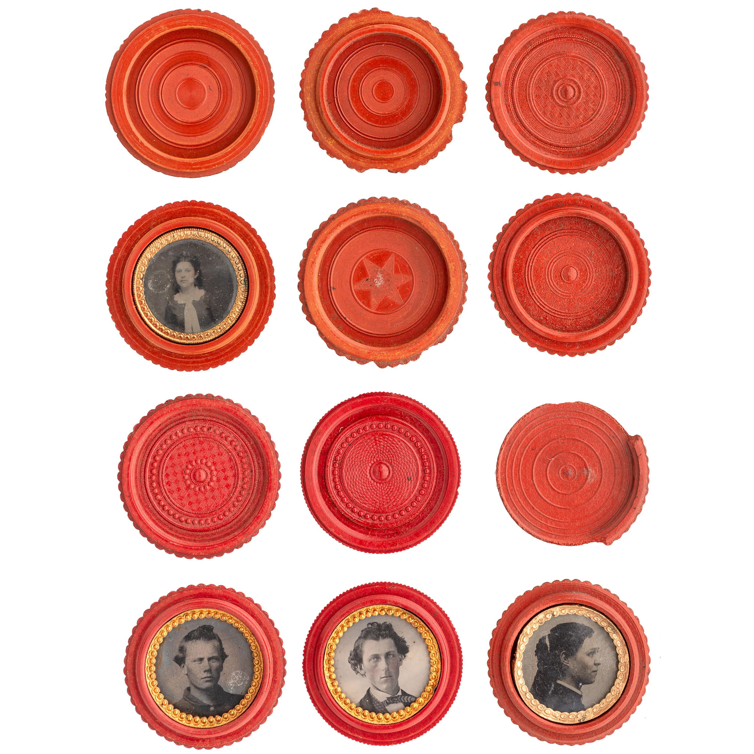 [EARLY PHOTOGRAPHY - UNION CASES]. A group of 6 assorted red "oreo" union cases, highlighted by very very rare floral example, including: