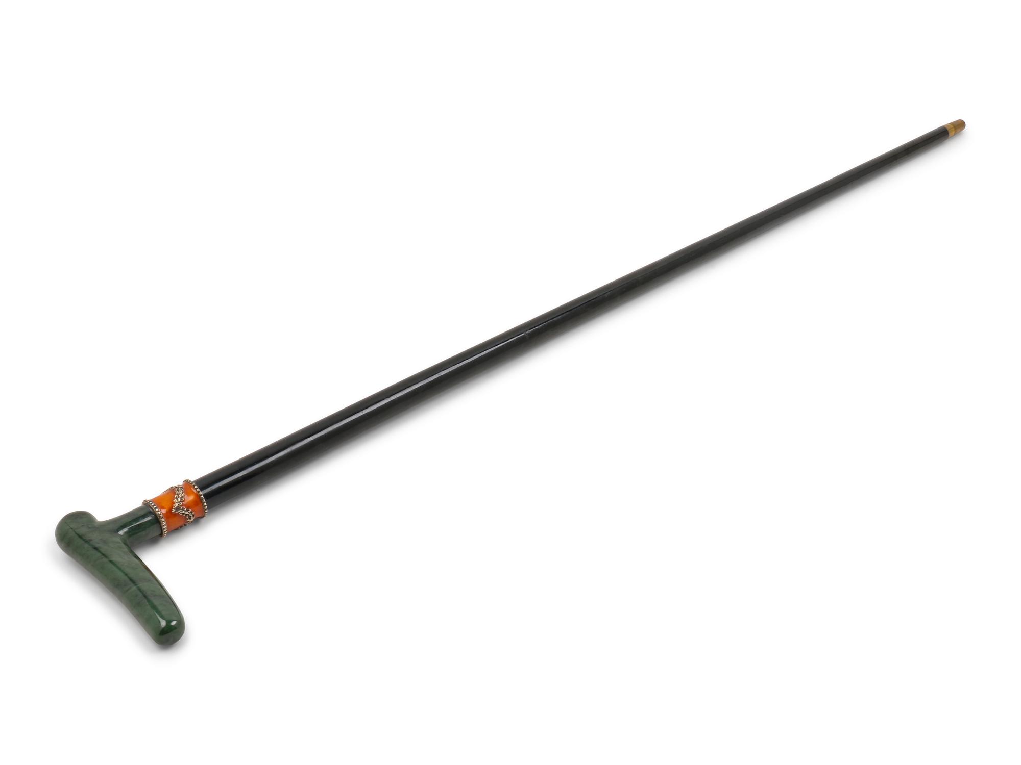 An Enamel and Nephrite-Handled Ebonized Walking Stick