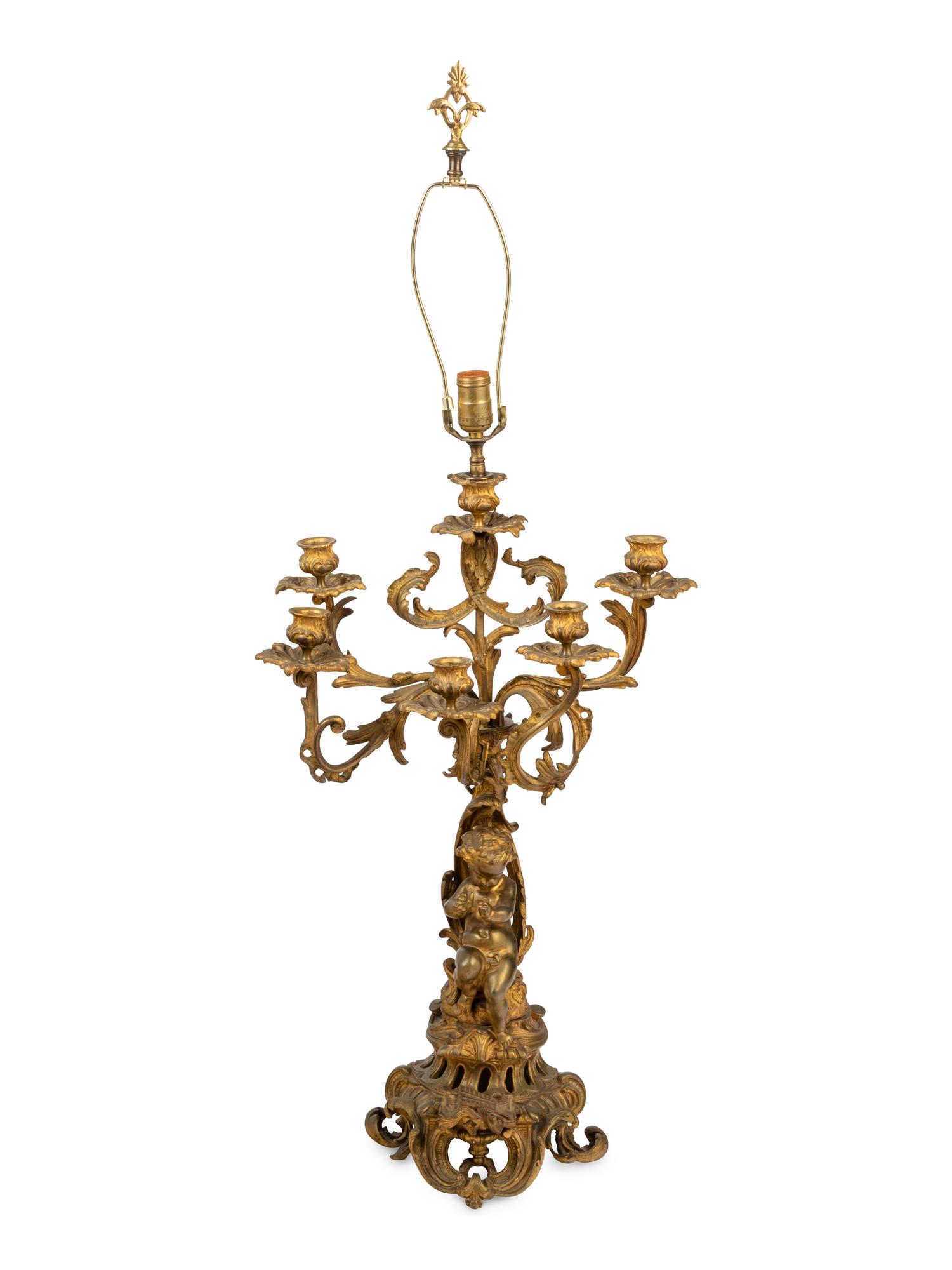 A Louis XV Style Gilt Bronze Six-Light Candelabrum Mounted as a Lamp