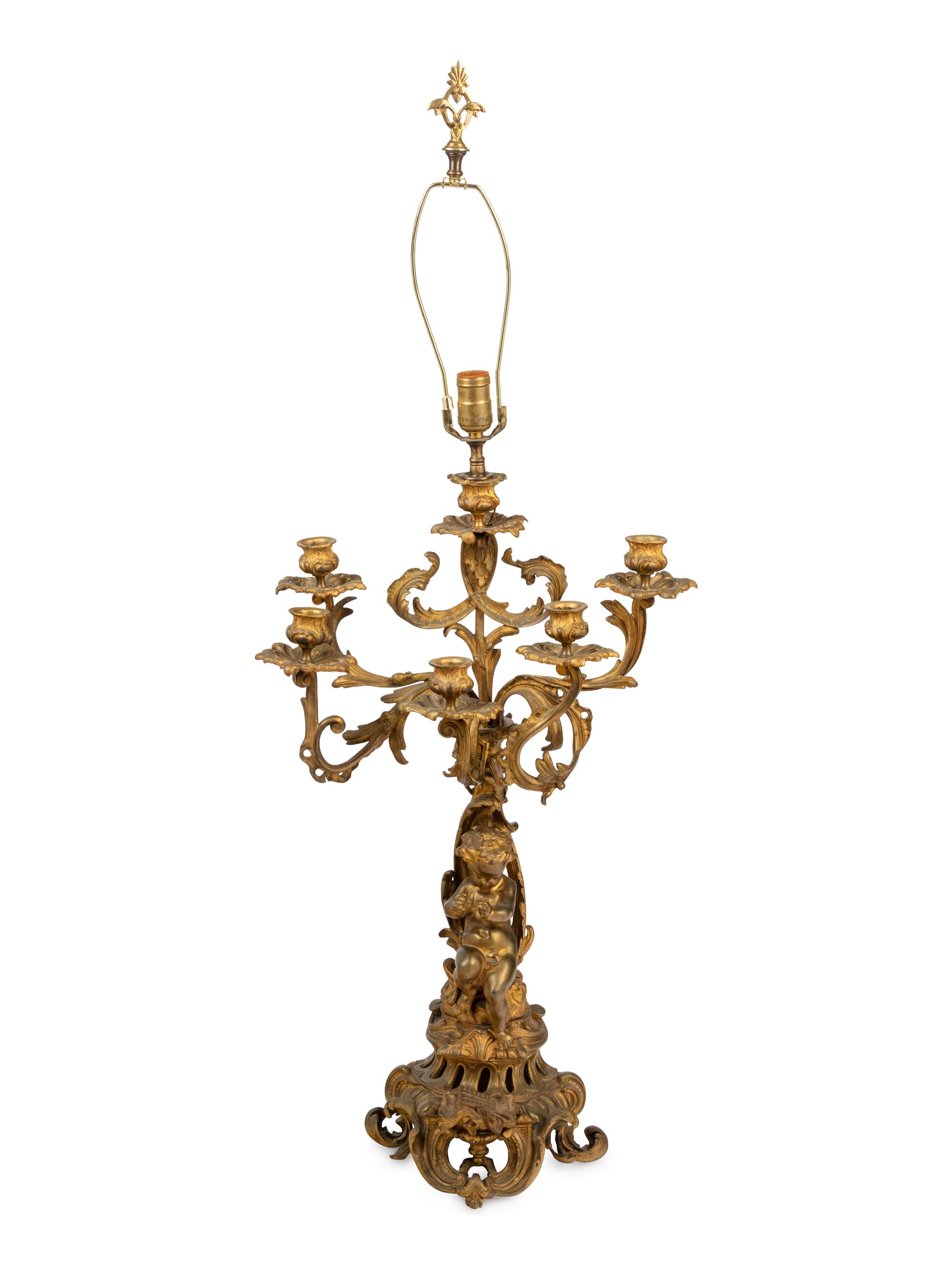 A Louis XV Style Gilt Bronze Six-Light Candelabrum Mounted as a Lamp