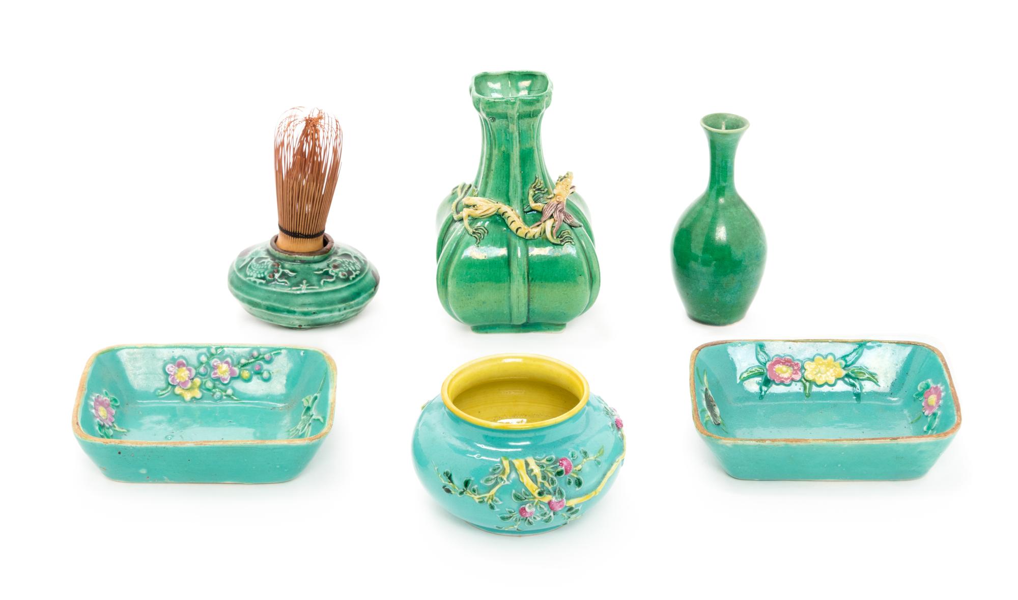 Six Chinese Green and Turquoise Glazed Porcelain Articles Height of tallest 4 1/4 inches — LATE 19TH/20TH CENTURY