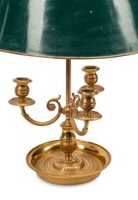 A Pair of Brass Bouillotte Lamps with Tole Shades