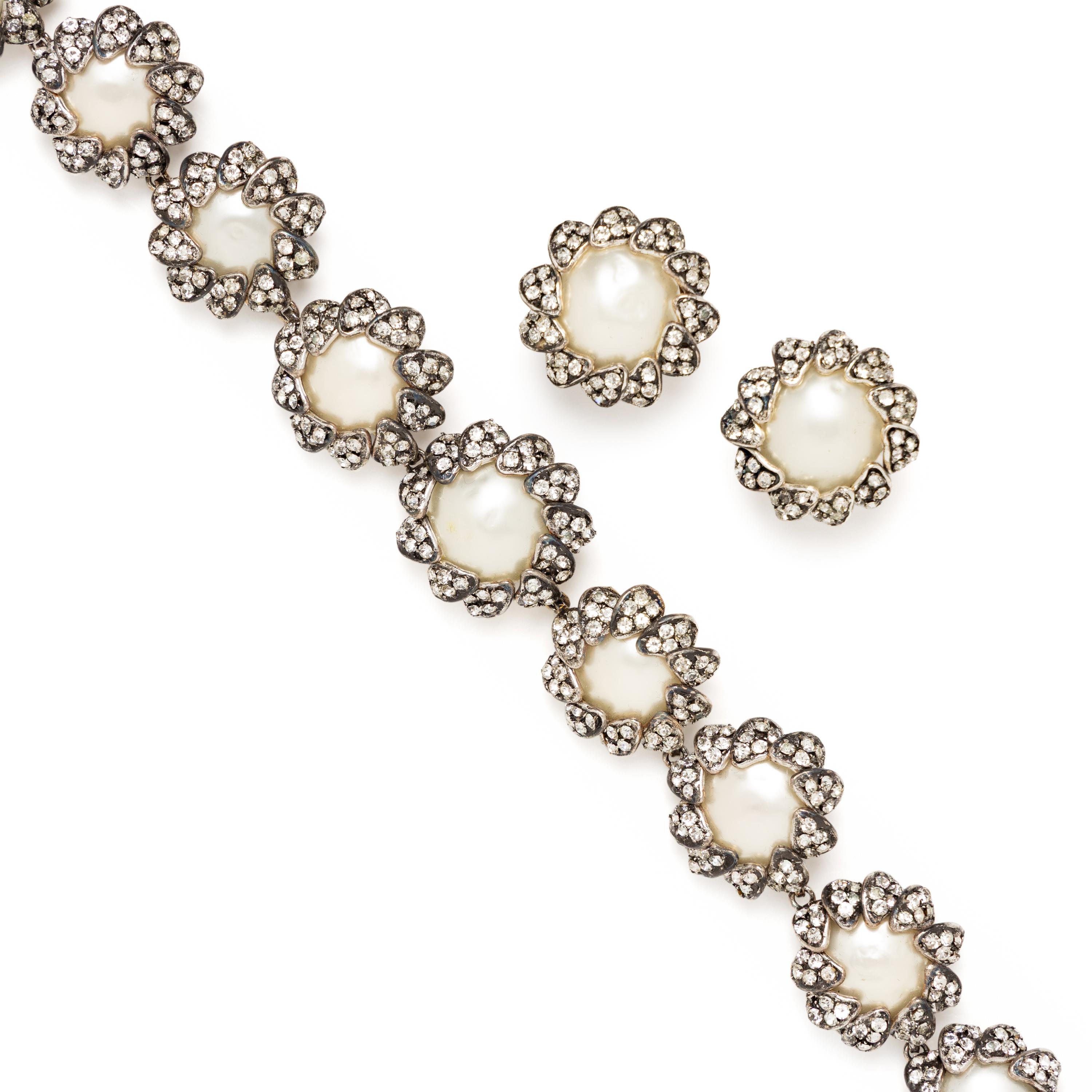 Chanel, Gripoix Pearl & Rhinestone Necklace and Ear Clips
