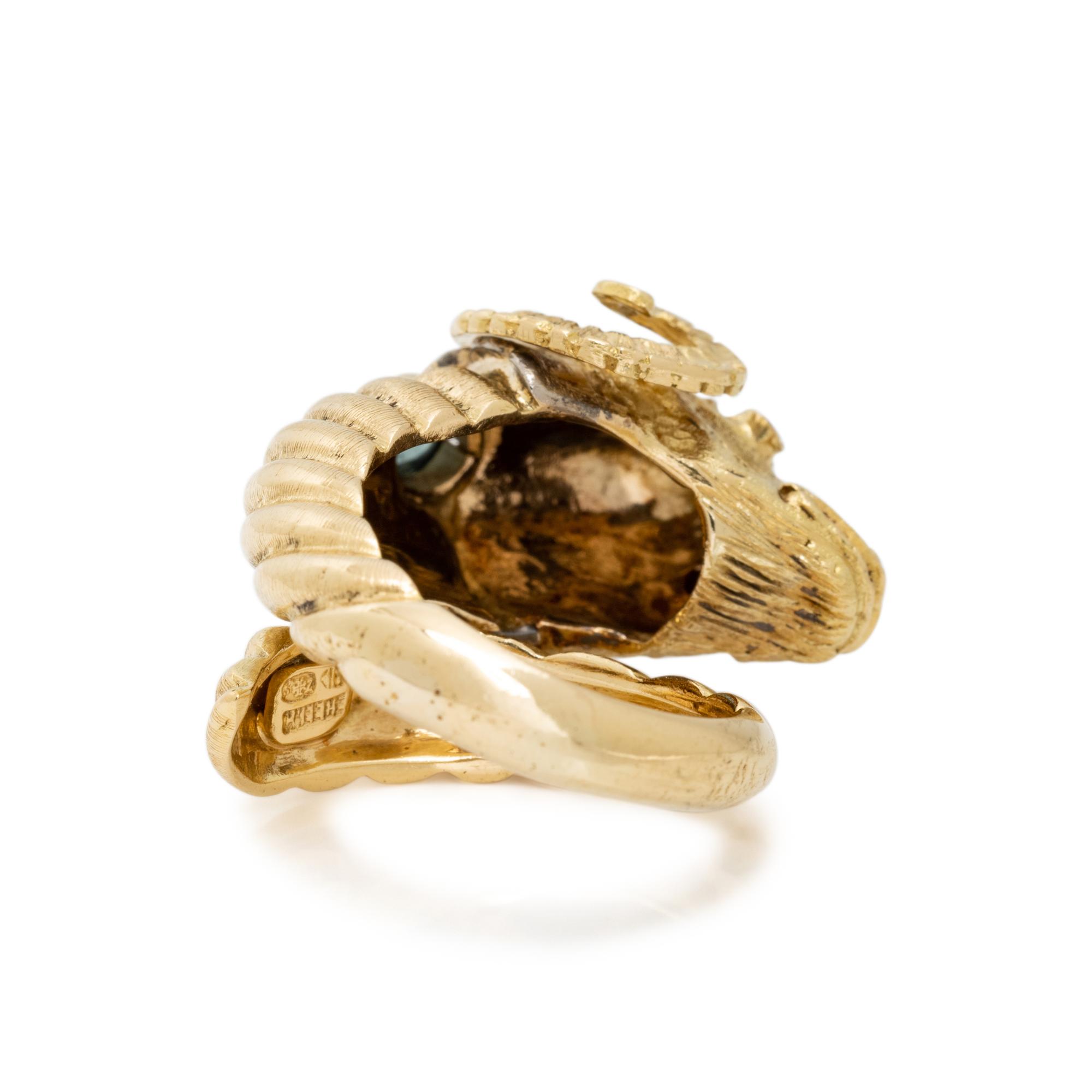 LALAOUNIS, YELLOW GOLD AND GEMSTONE RAM'S HEAD RING