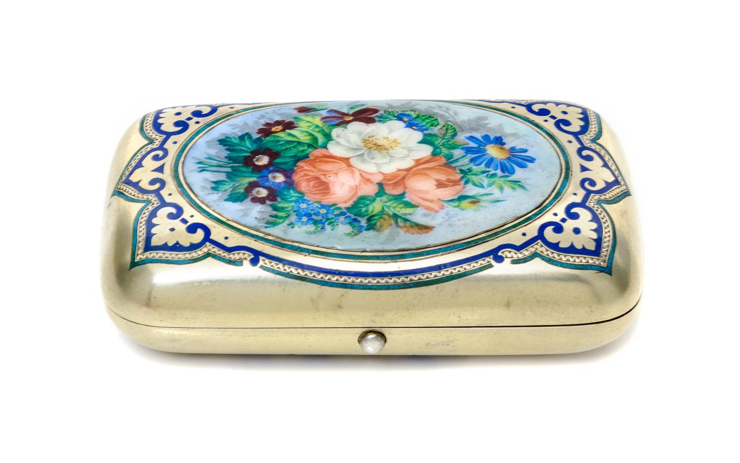 A Russian Silver-Gilt and En Plein Enamel Cigarette Case, Mark of Aleksandr Mukhin, assay mark obscured, Moscow, 1879, the lid centered