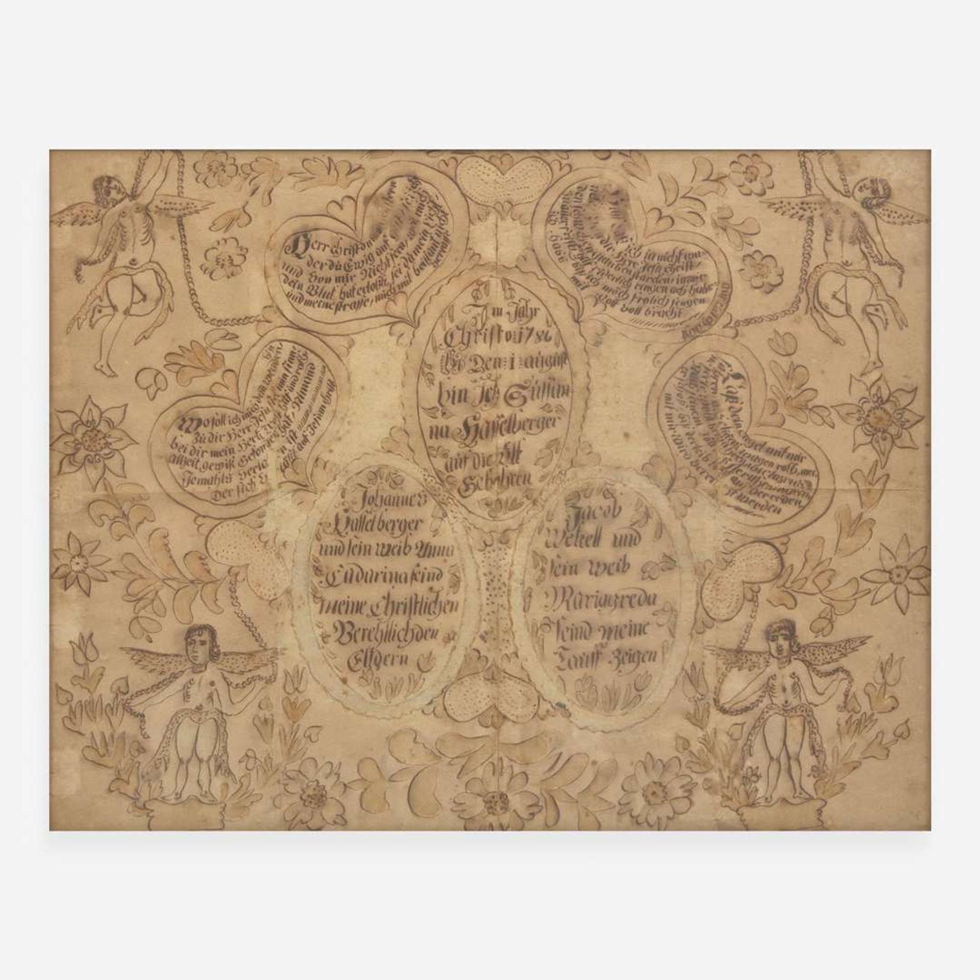 Attributed to the Manor Township Artist; A Fraktur drawing for the Hasselberger Family, dated "1786"