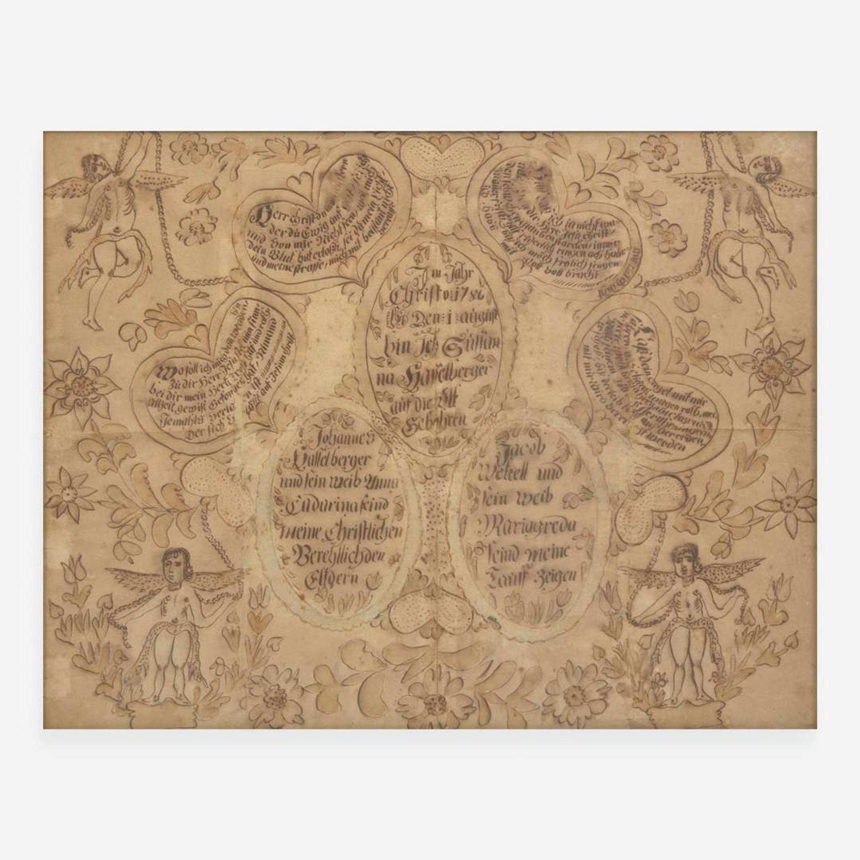 Attributed to the Manor Township Artist; A Fraktur drawing for the Hasselberger Family, dated "1786"