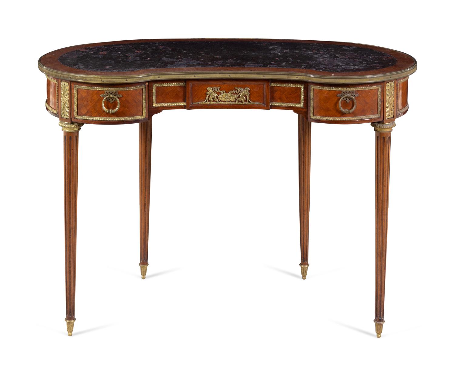 A Louis XVI Style Gilt Bronze Mounted Parquetry Bureau Plat