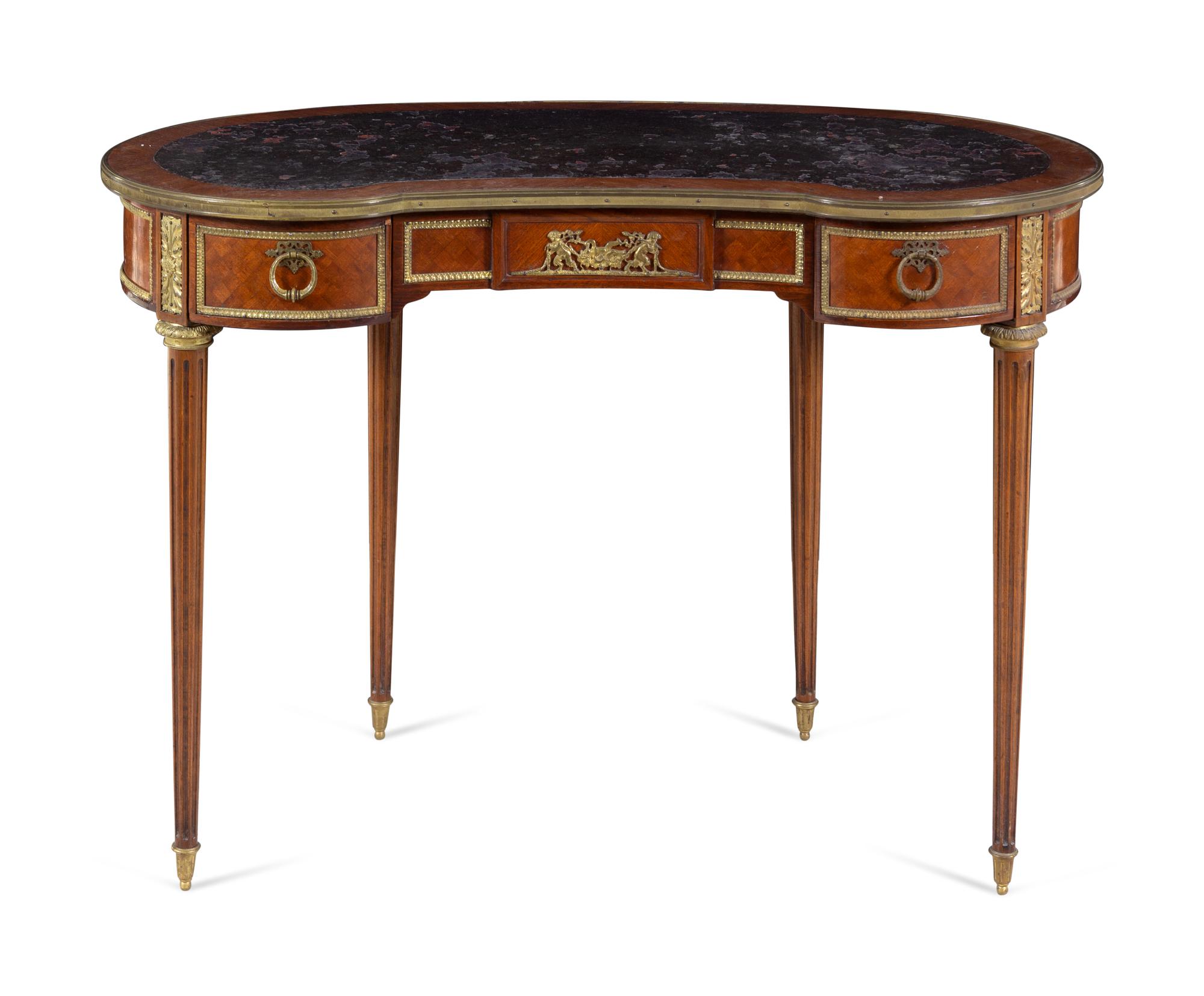 A Louis XVI Style Gilt Bronze Mounted Parquetry Bureau Plat
