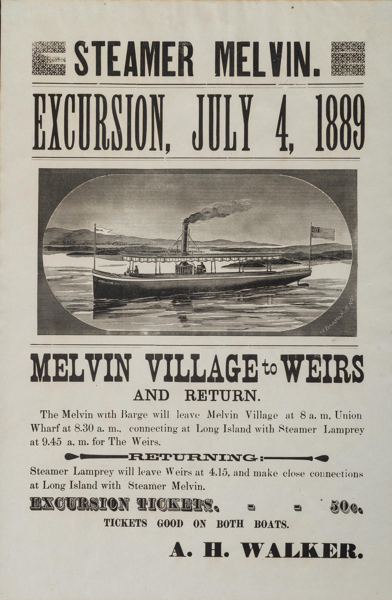 [TRANSPORTATION]. Steamer Melvin, Excursion 4 July 1889. N.p.: N.p., [1889].