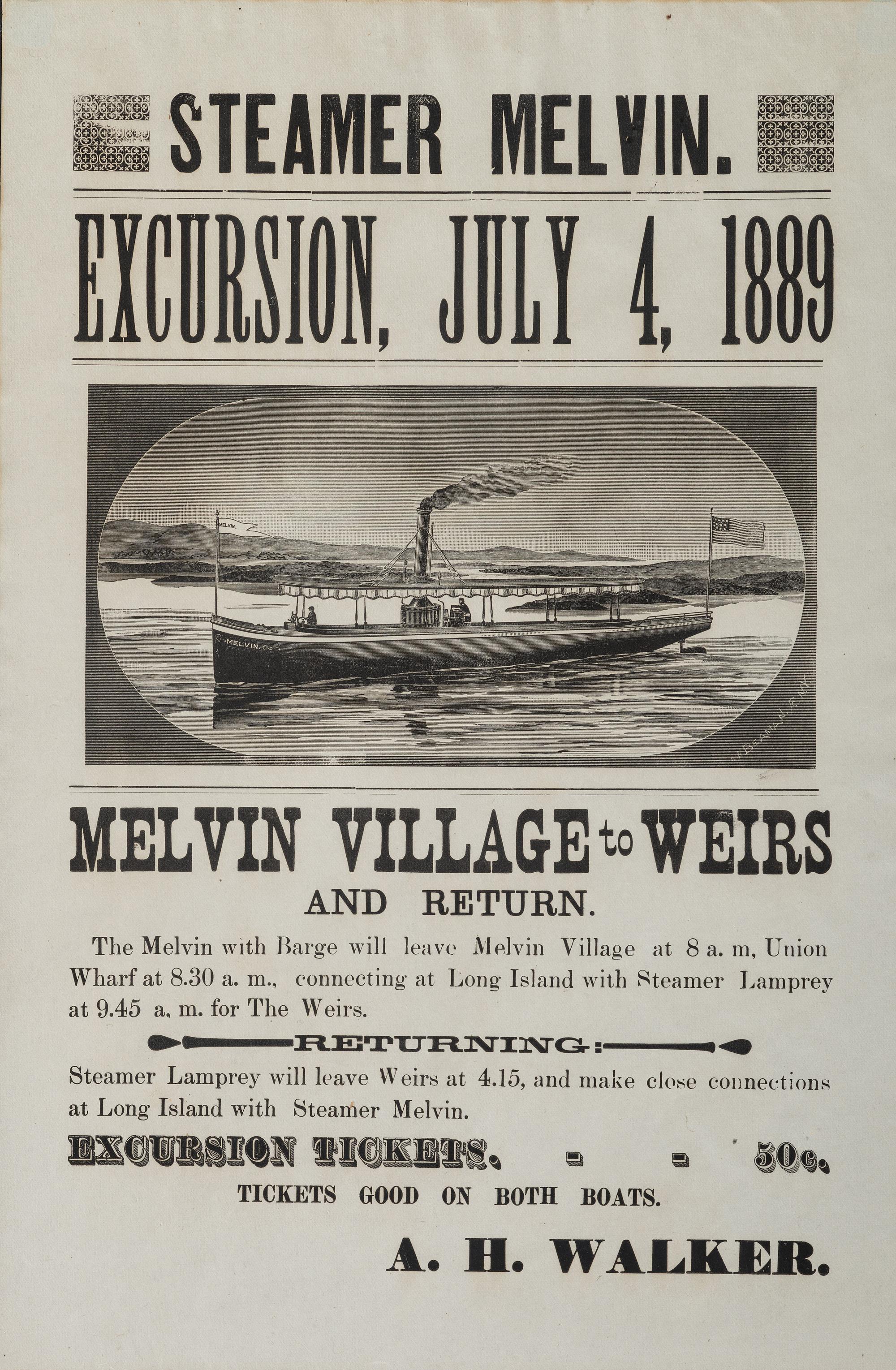 [TRANSPORTATION]. Steamer Melvin, Excursion 4 July 1889. N.p.: N.p., [1889].