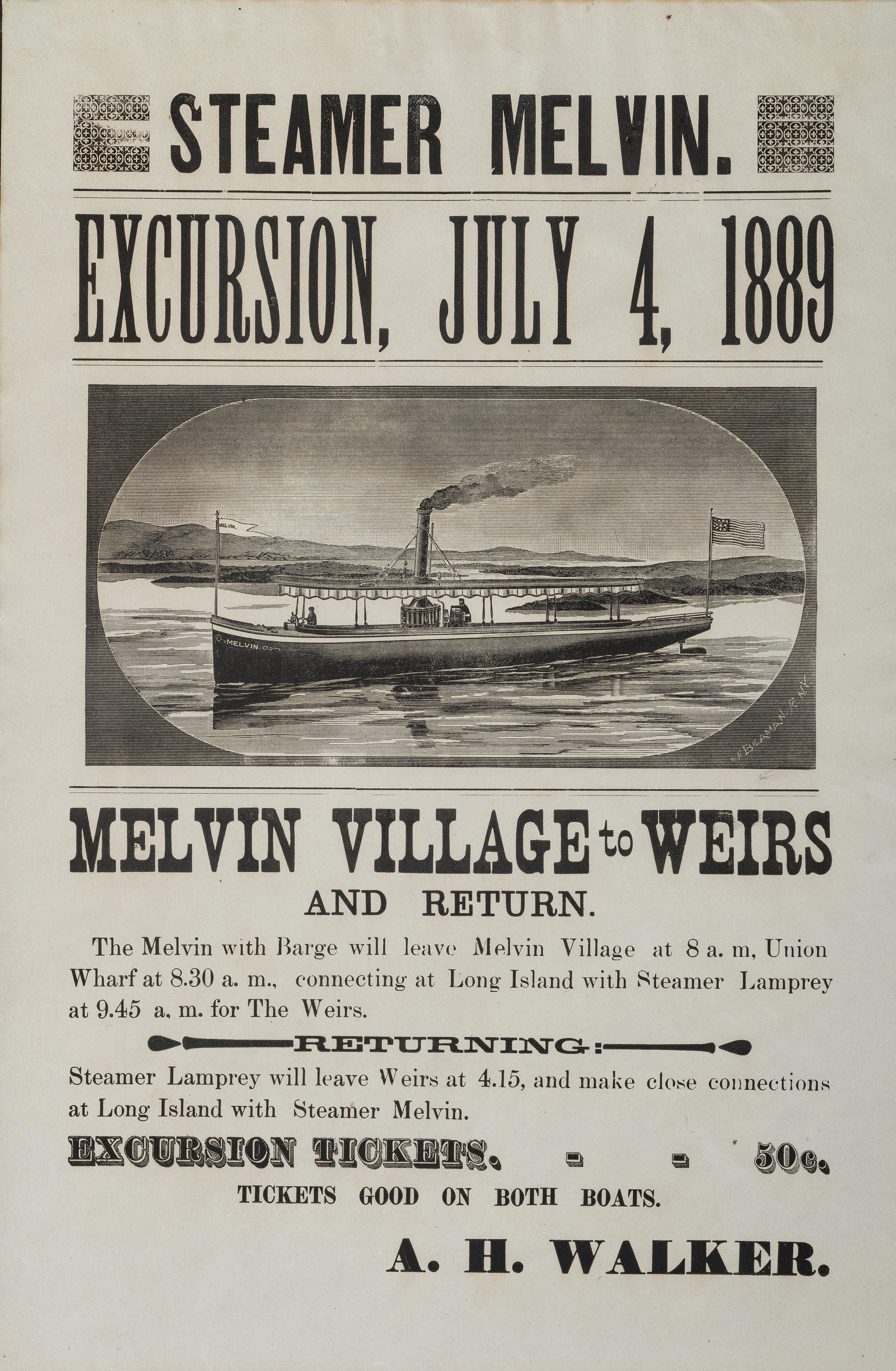 [TRANSPORTATION]. Steamer Melvin, Excursion 4 July 1889. N.p.: N.p., [1889].