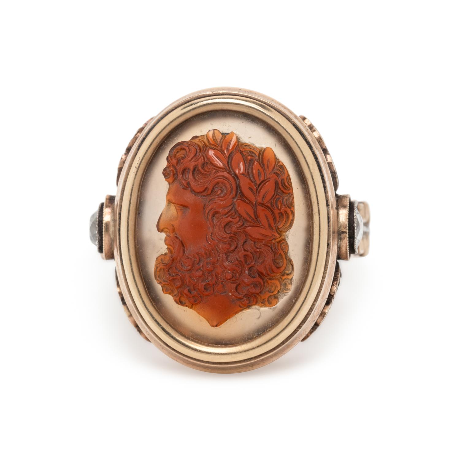 VICTORIAN, YELLOW GOLD, HARDSTONE CAMEO, AND DIAMOND RING