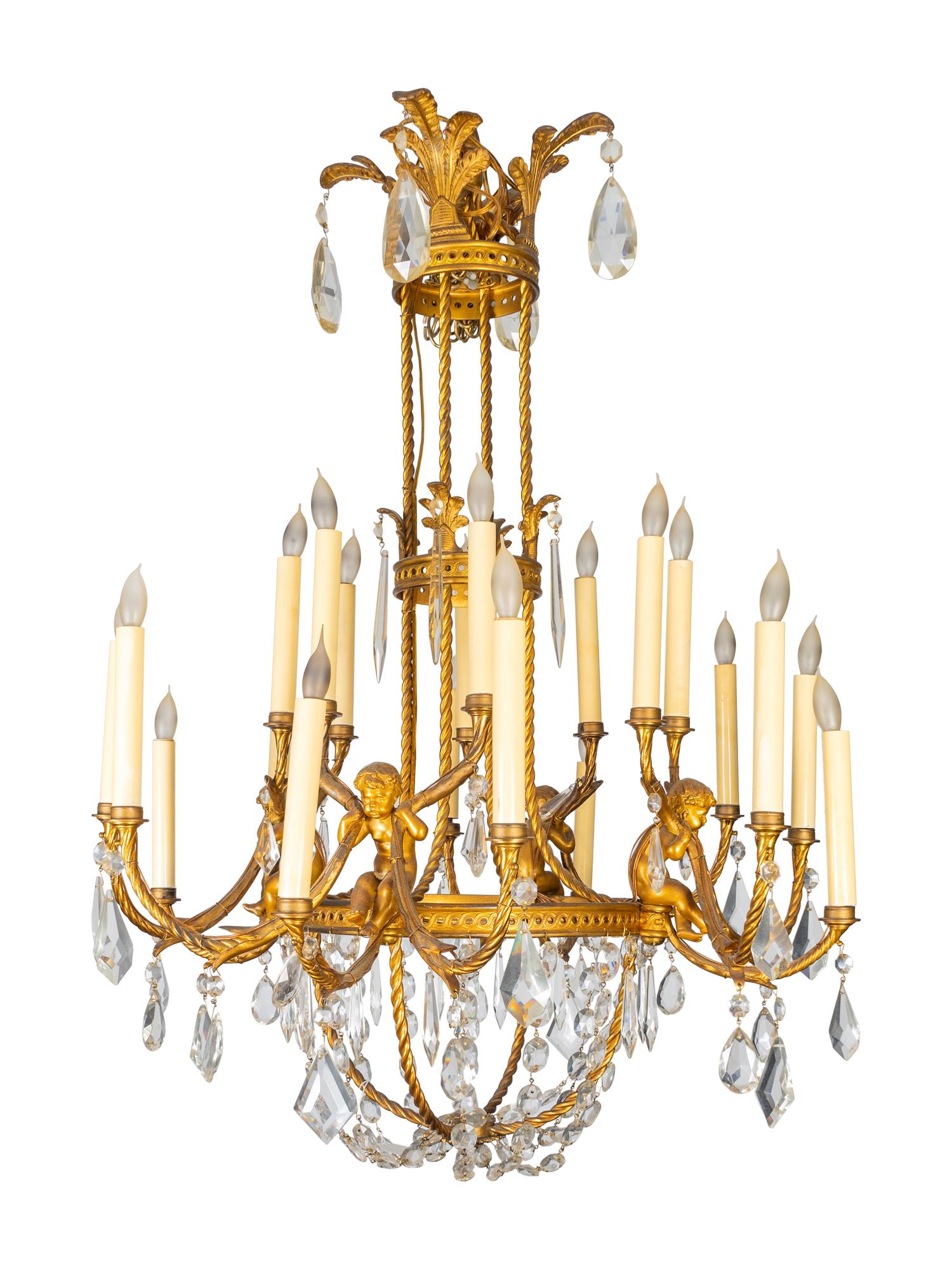 A Louis XVI Style Gilt-Bronze and Glass Twenty-Light Chandelier