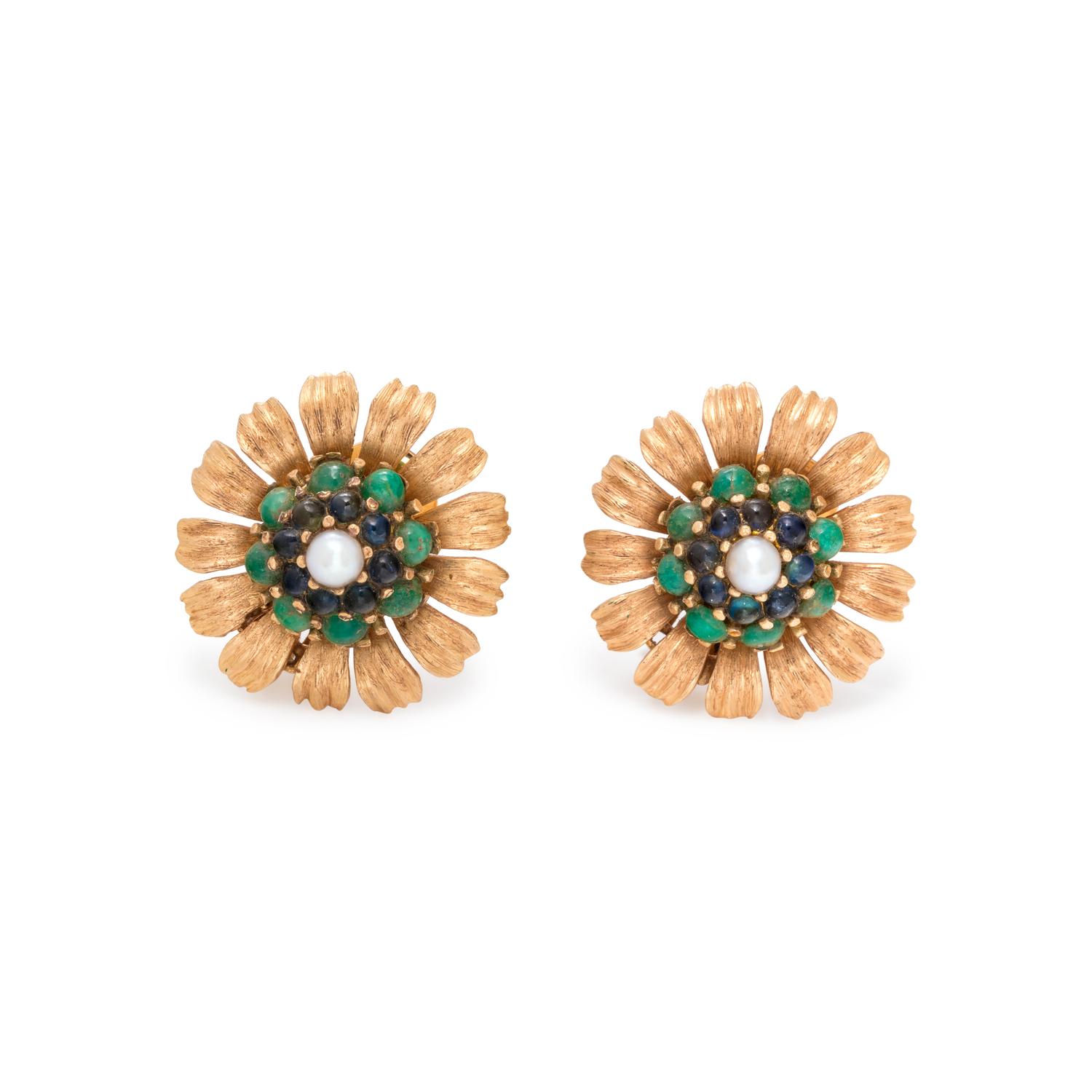 YELLOW GOLD, GEMSTONE AND CULTURED PEARL FLOWER EARCLIPS