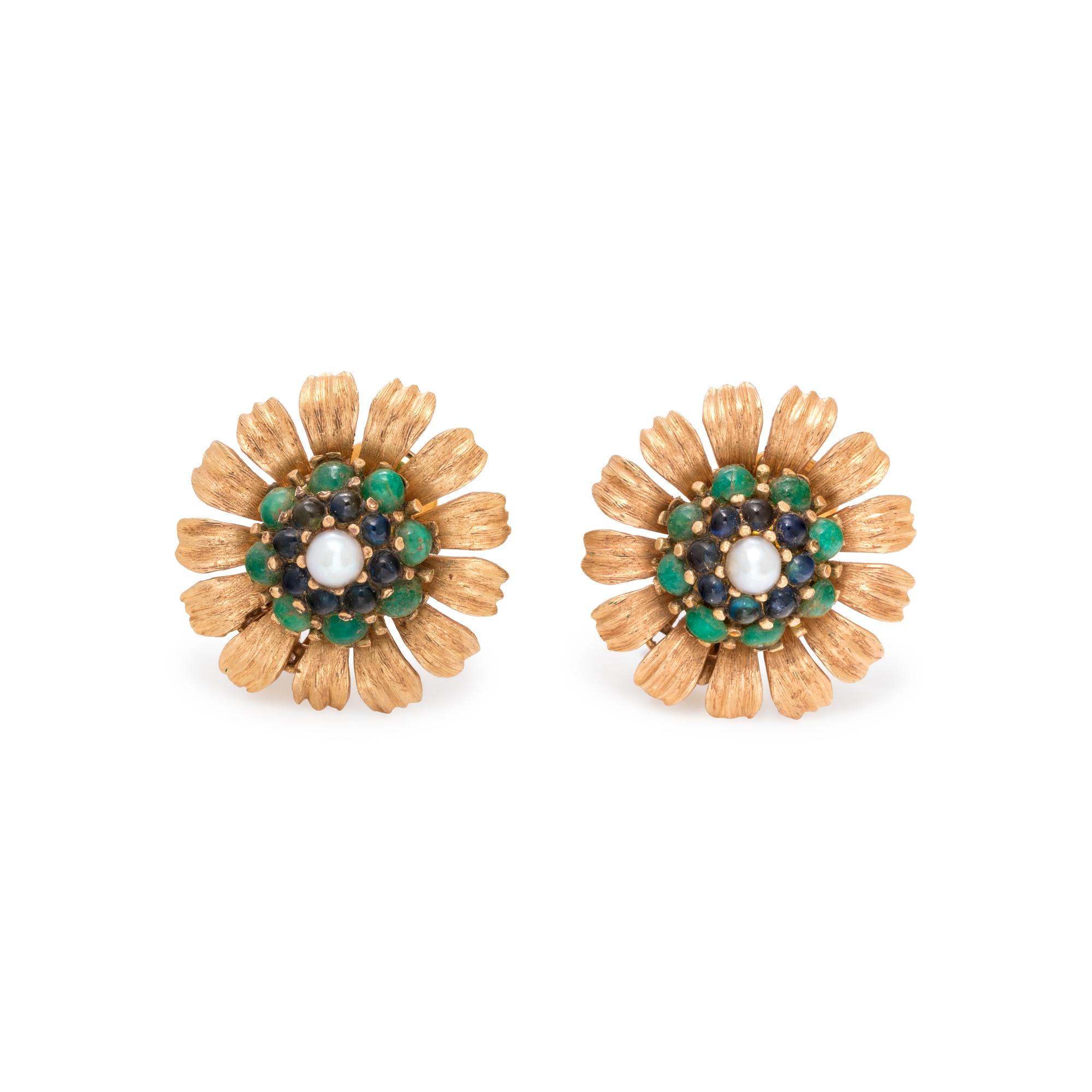 YELLOW GOLD, GEMSTONE AND CULTURED PEARL FLOWER EARCLIPS