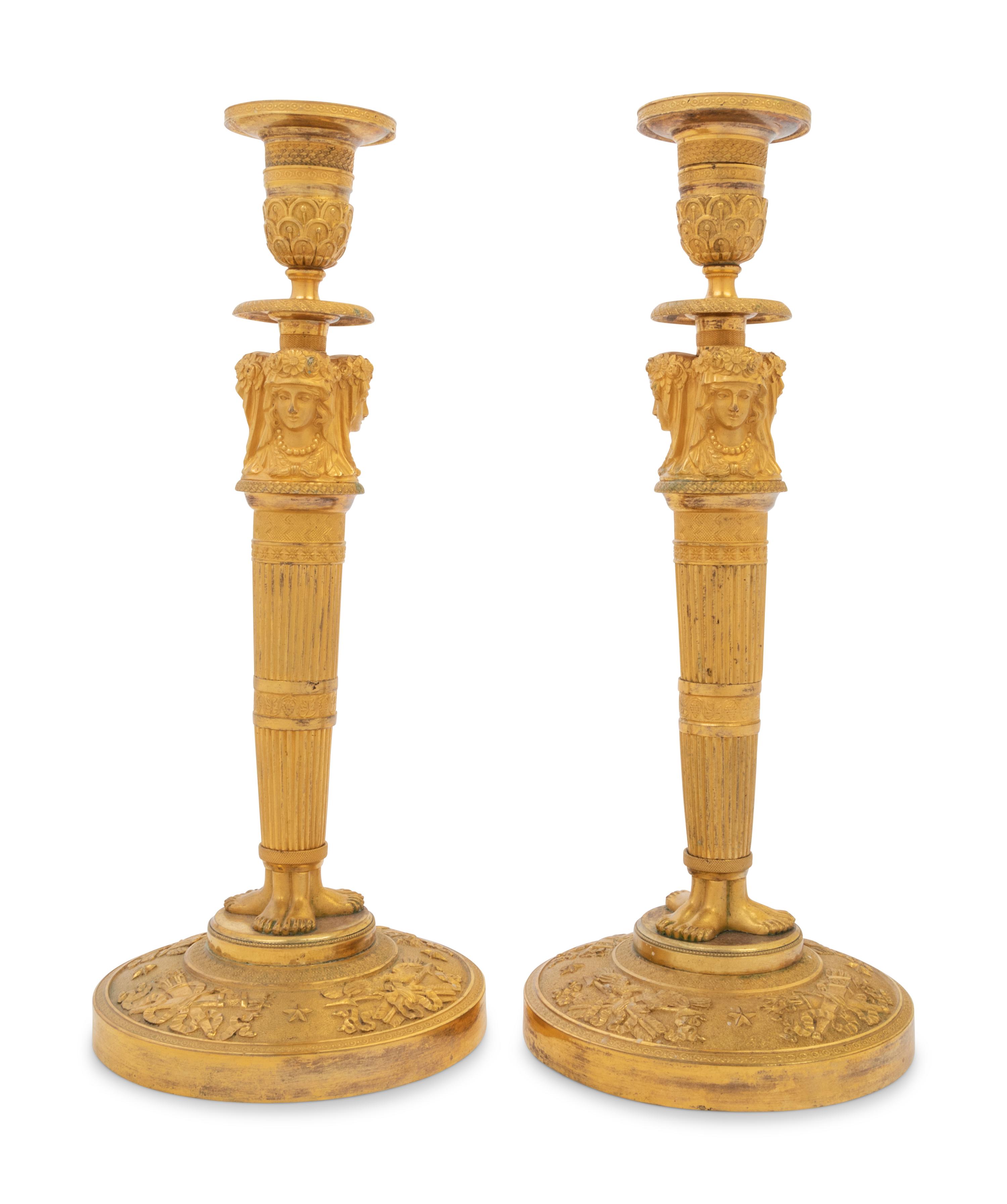 A Pair of Empire Gilt Bronze Candlesticks