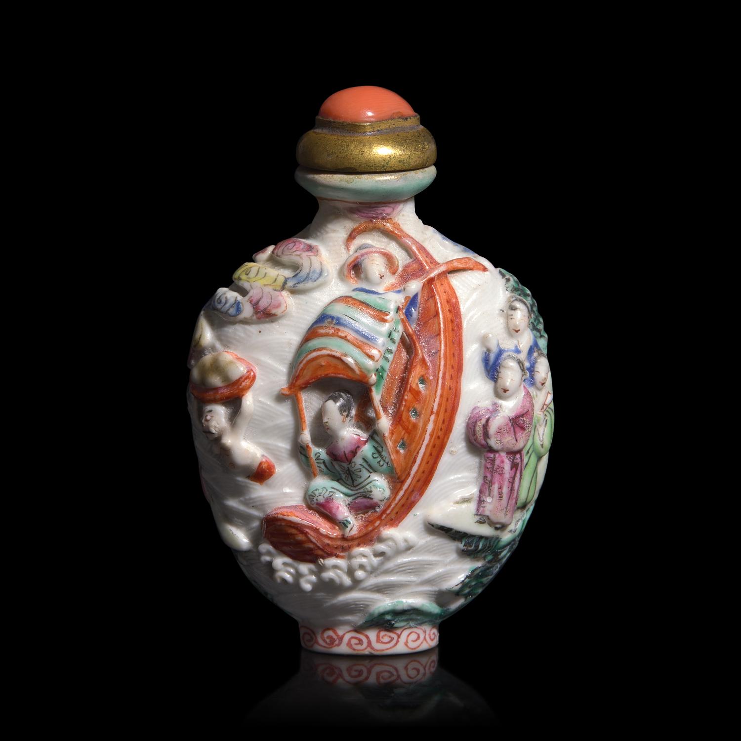 A Chinese Enameled Molded Porcelain " Baxian" Snuff Bottle, Jiaqing Mark