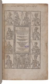 HOLINSHED, Raphael. [The Chronicles]. The First and Second volumes of Chronicles [- Third Volume …], comprising 1 The descriptions and historie of England, 2 The description and historie of Ireland, 3 The description and historie of Scotland: First collected and published by Raphaell Holinshed, William Harrison, and others: Now newlie augmented and continued… London: [H. Denham] for John Harison, George Bishop, Rafe Newberie, Henrie Denham, and Thomas Woodcocke, 1587.