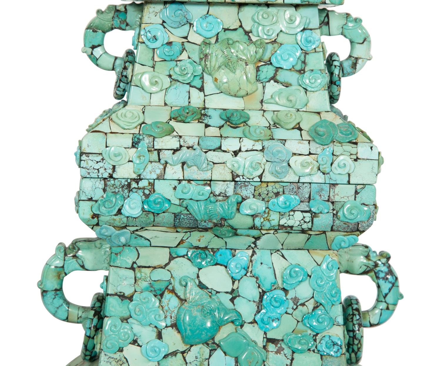 A Pair of Chinese Tessellated Hardstone Urns