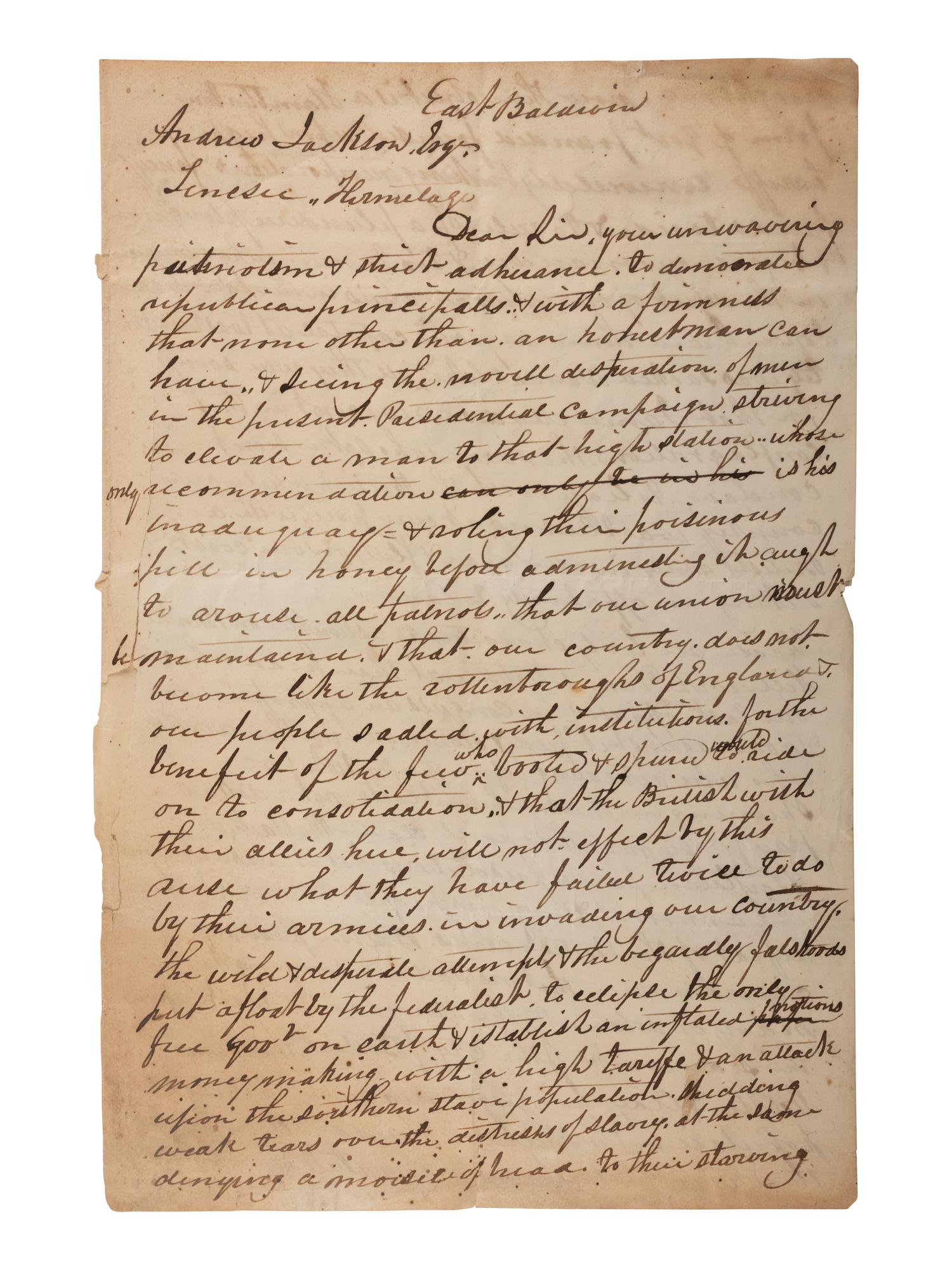 [JACKSON, Andrew (1767-1845)]. Unsigned draft letter addressed to Andrew Jackson, [ca 1828?].