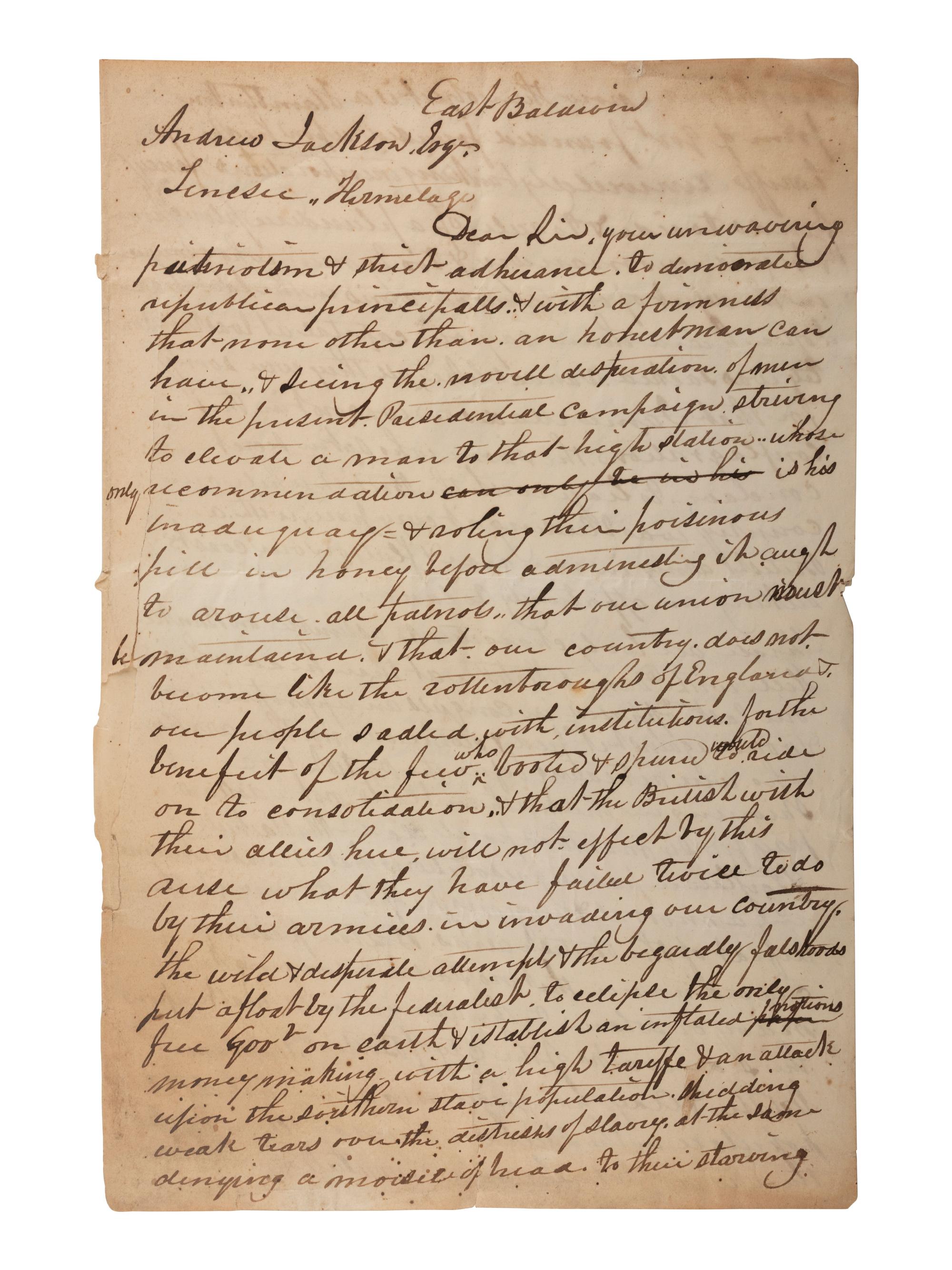[JACKSON, Andrew (1767-1845)]. Unsigned draft letter addressed to Andrew Jackson, [ca 1828?].