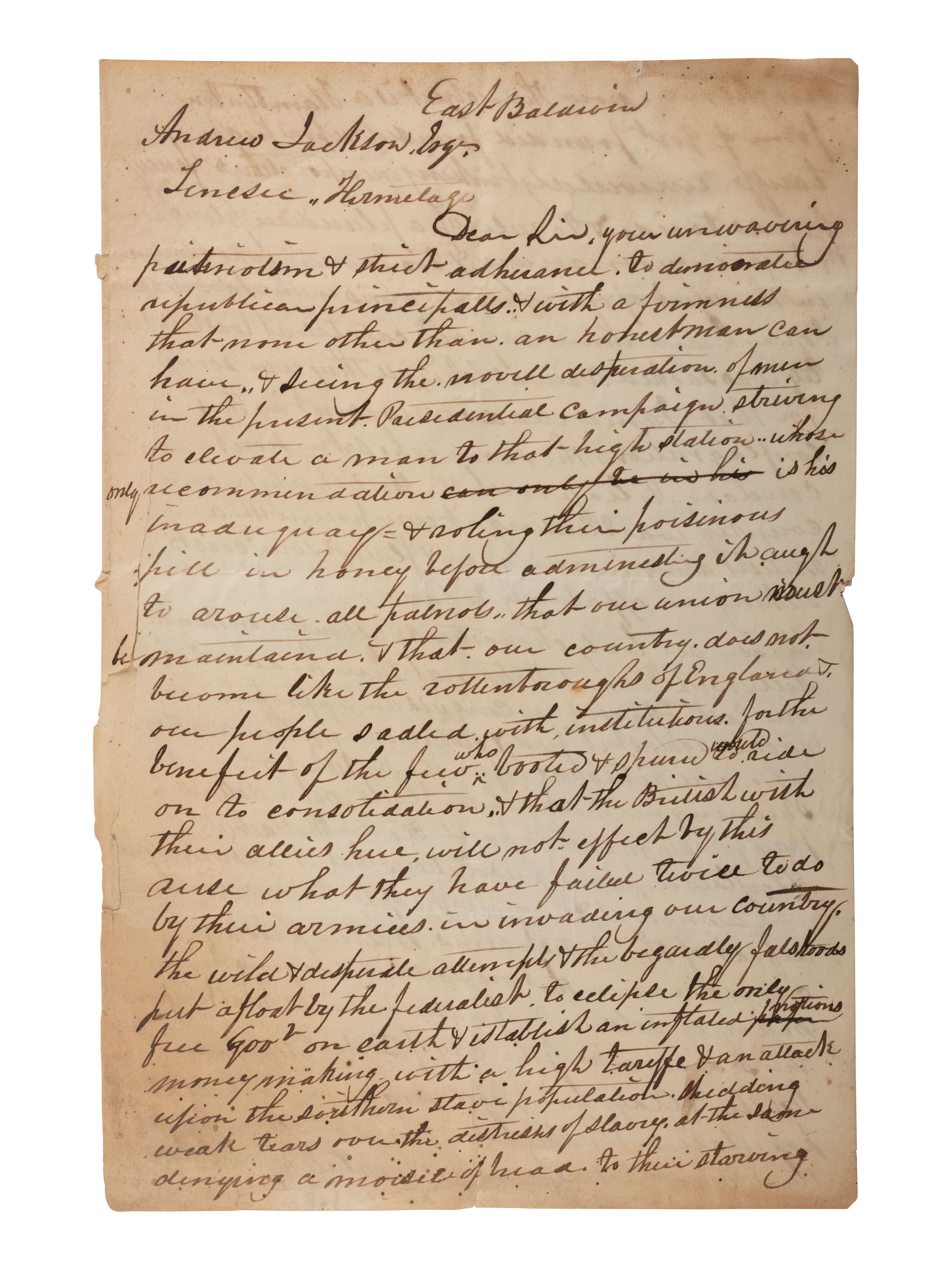 [JACKSON, Andrew (1767-1845)]. Unsigned draft letter addressed to Andrew Jackson, [ca 1828?].