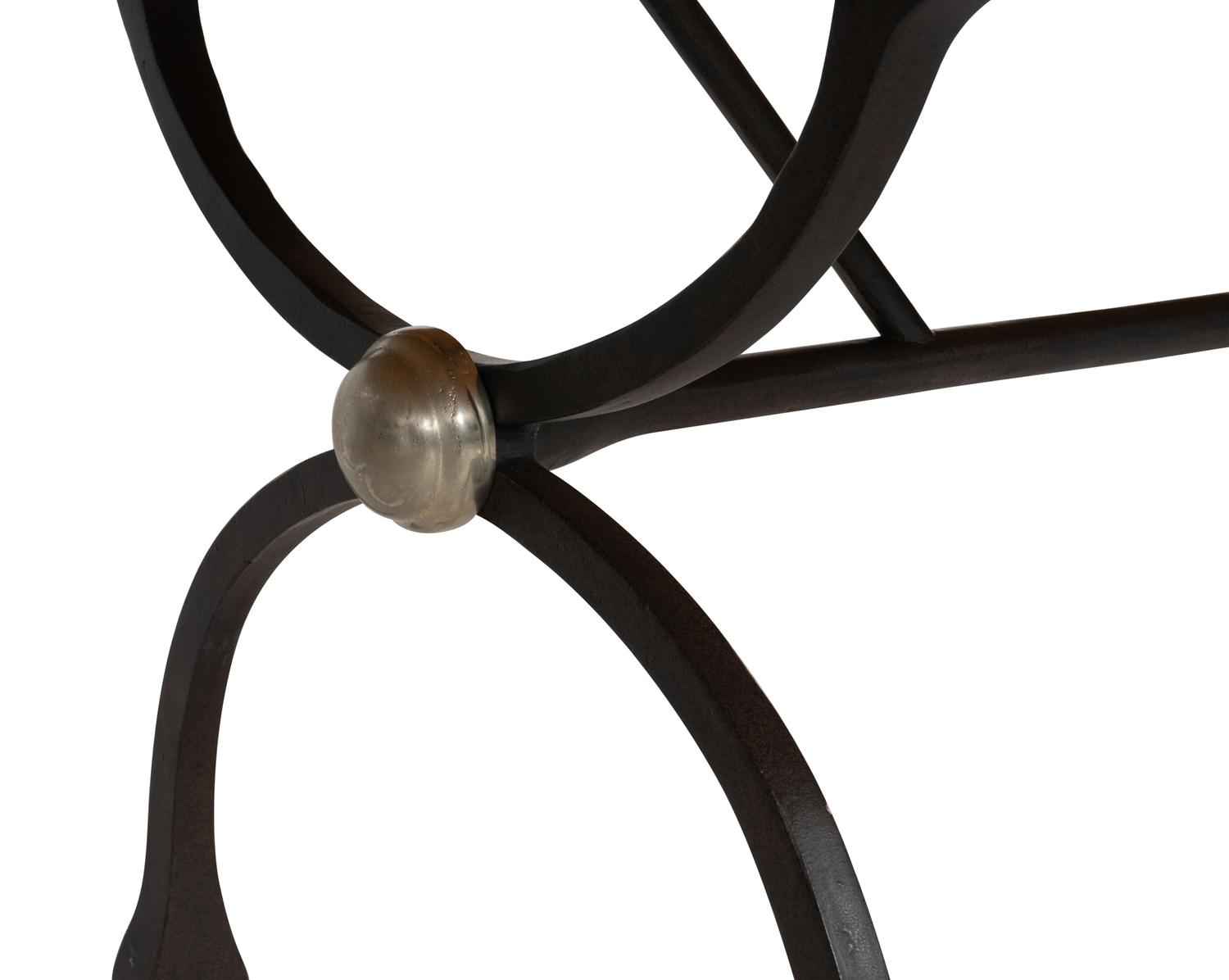 A Contemporary Curule-Form Wrought Iron Dining Table with Oak Top
