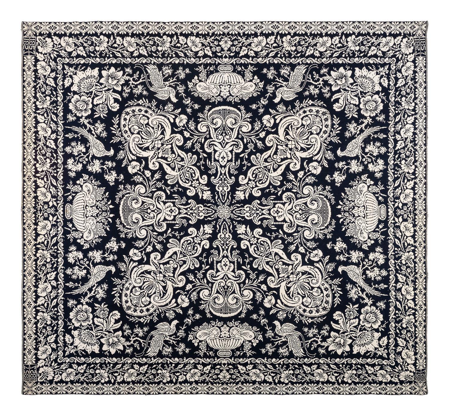 A Blue and White Jacquard Woven Coverlet