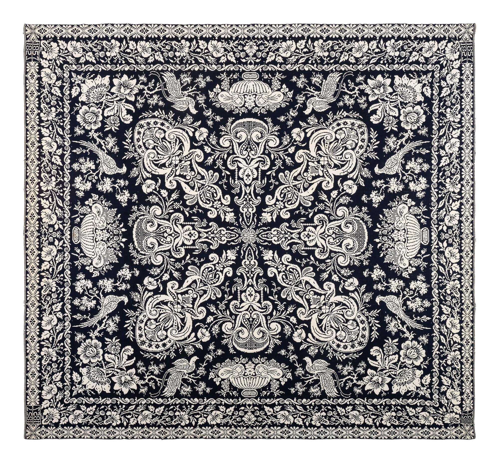 A Blue and White Jacquard Woven Coverlet