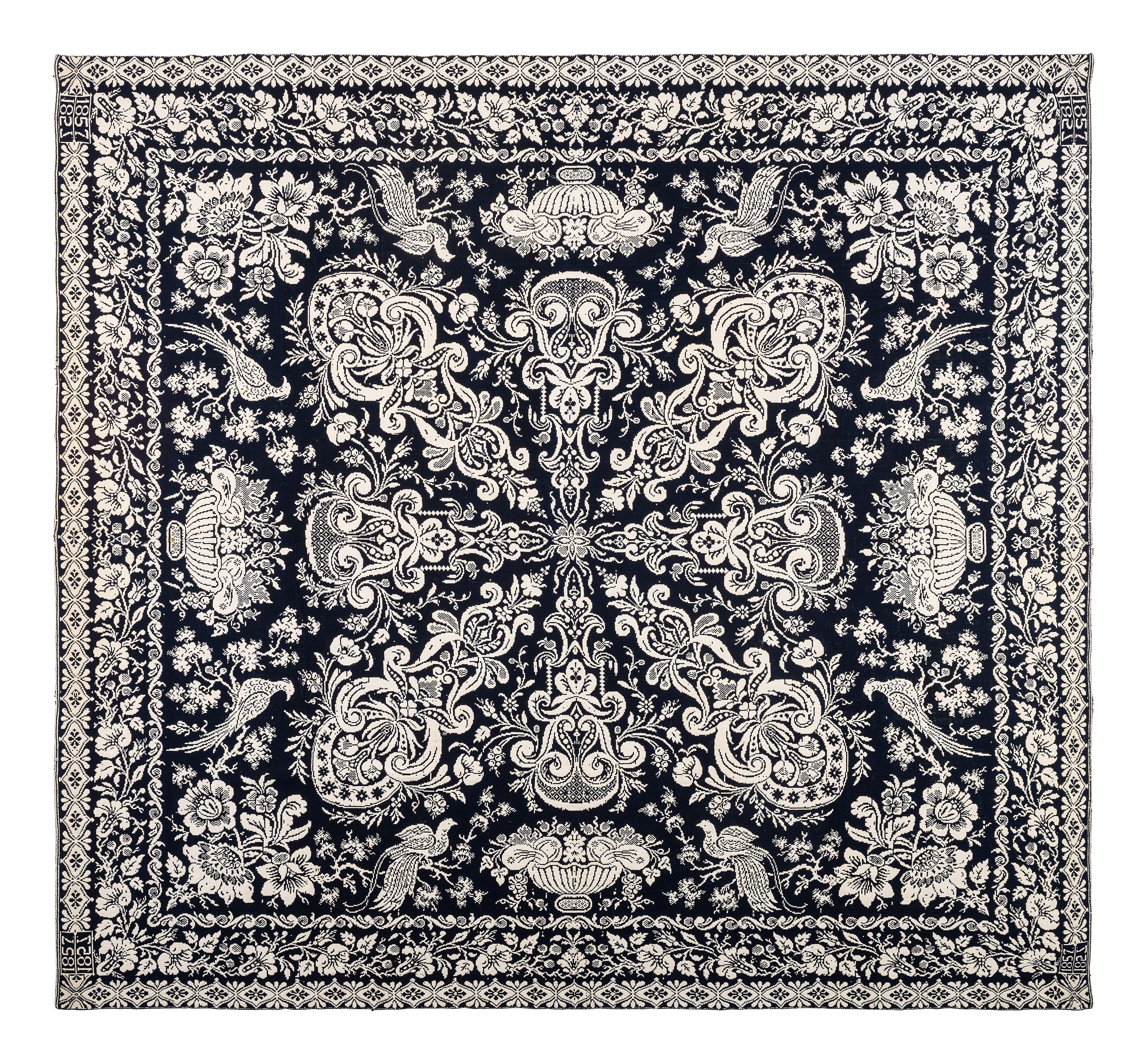 A Blue and White Jacquard Woven Coverlet