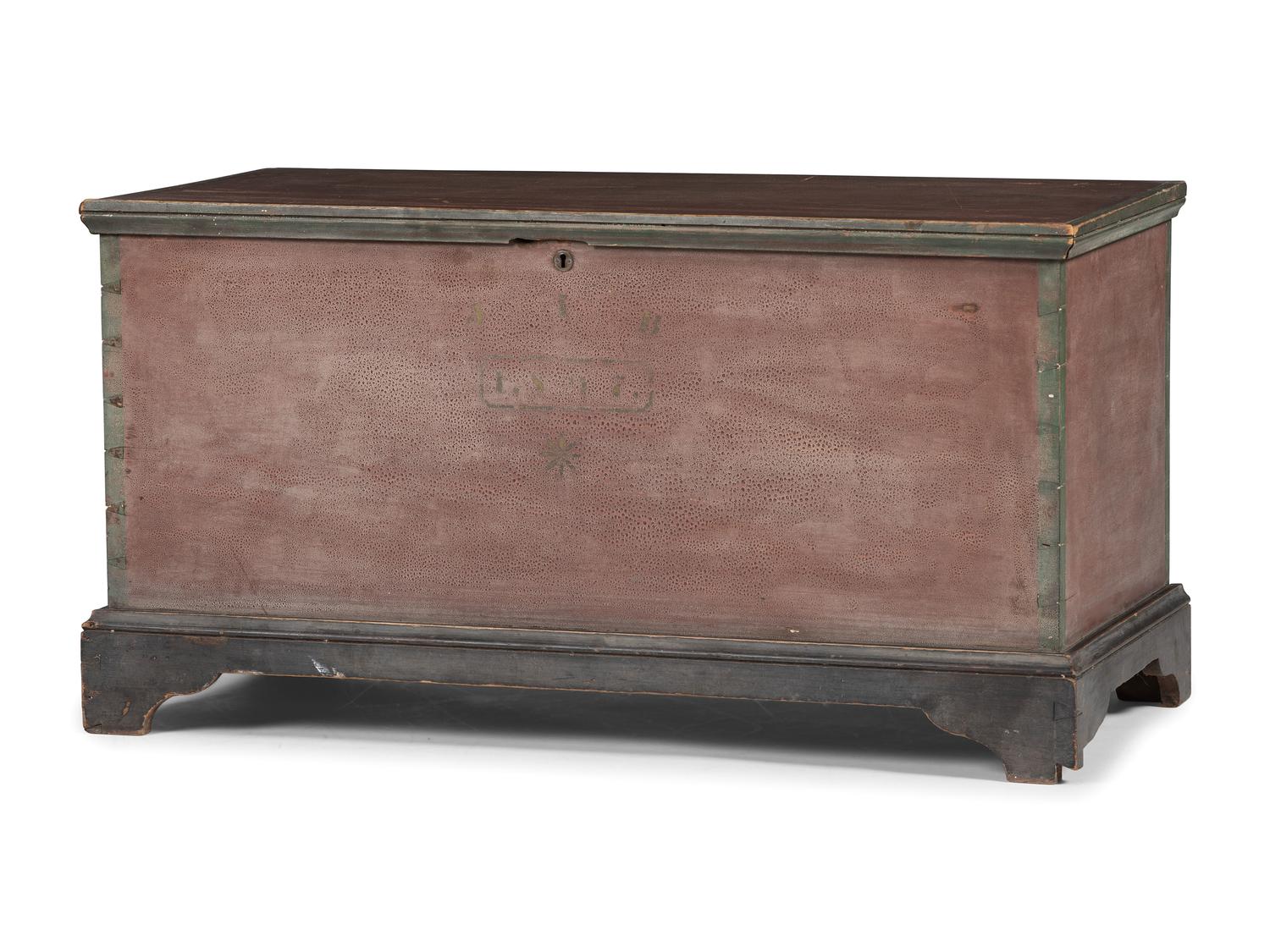 An Ohio Mennonite Red and Green Painted Stencil-Decorated Poplar Blanket Chest