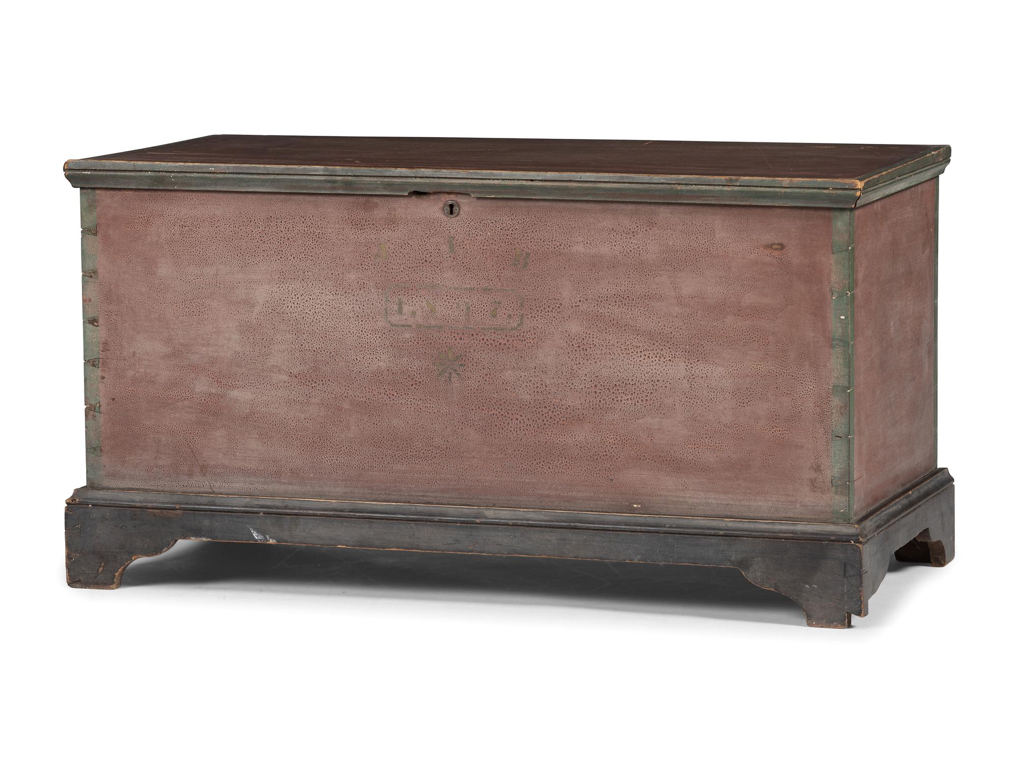 An Ohio Mennonite Red and Green Painted Stencil-Decorated Poplar Blanket Chest