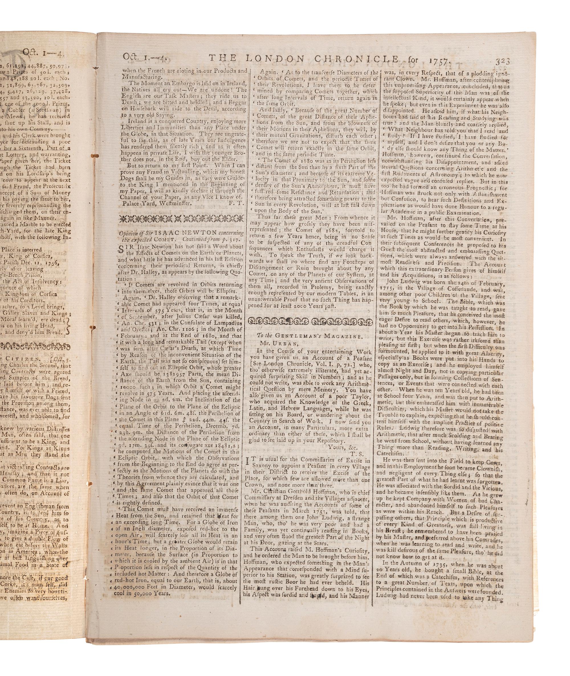 [HALLEY'S COMET]. The London Chronicle. Vol. II, Nos. 118-119. London, 1757.