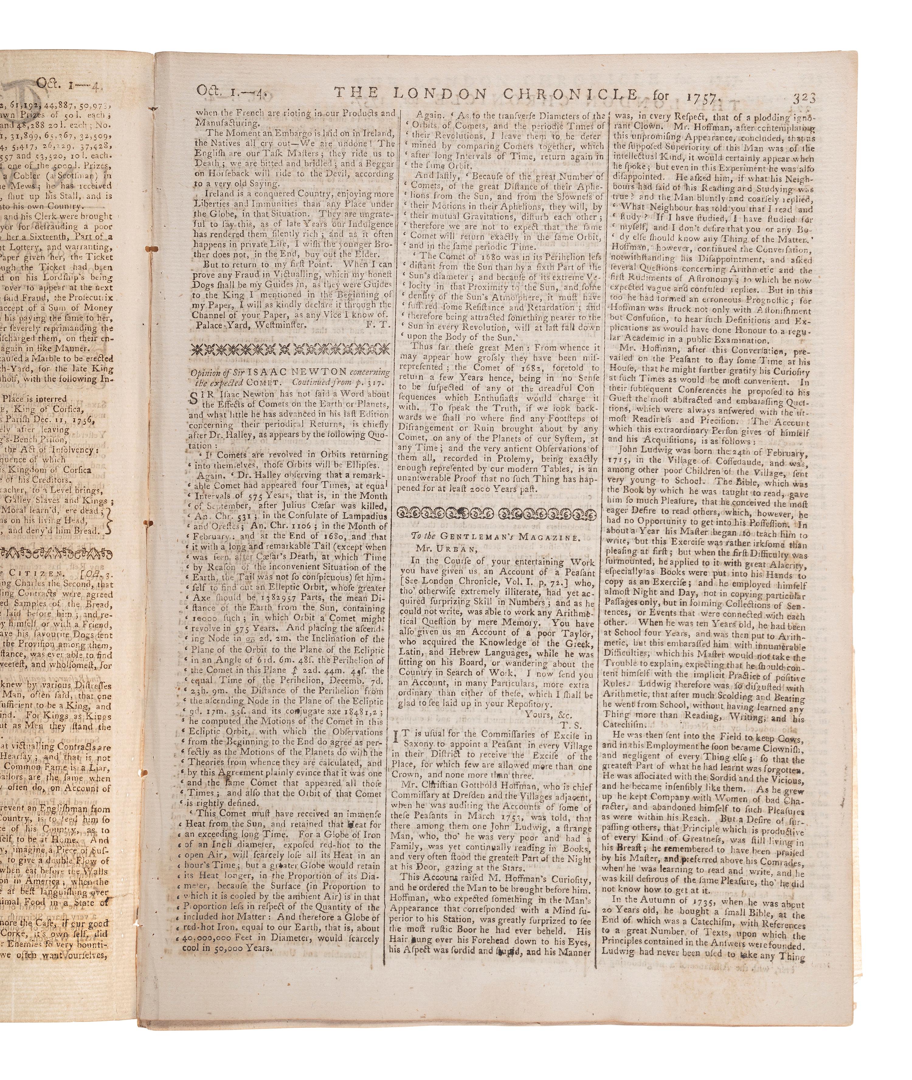 [HALLEY'S COMET]. The London Chronicle. Vol. II, Nos. 118-119. London, 1757.