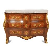 A Louis XV Style Kingwood Parquetry Marble Top Bombe Commode