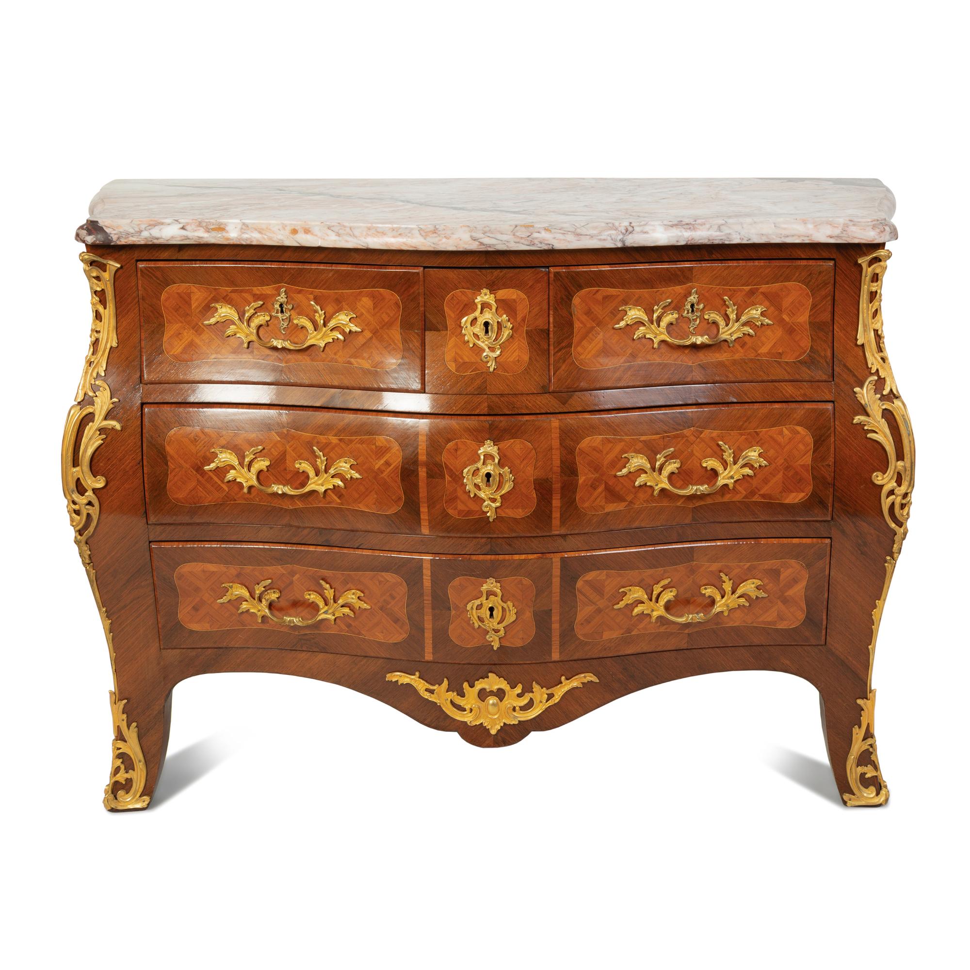 A Louis XV Style Kingwood Parquetry Marble Top Bombe Commode