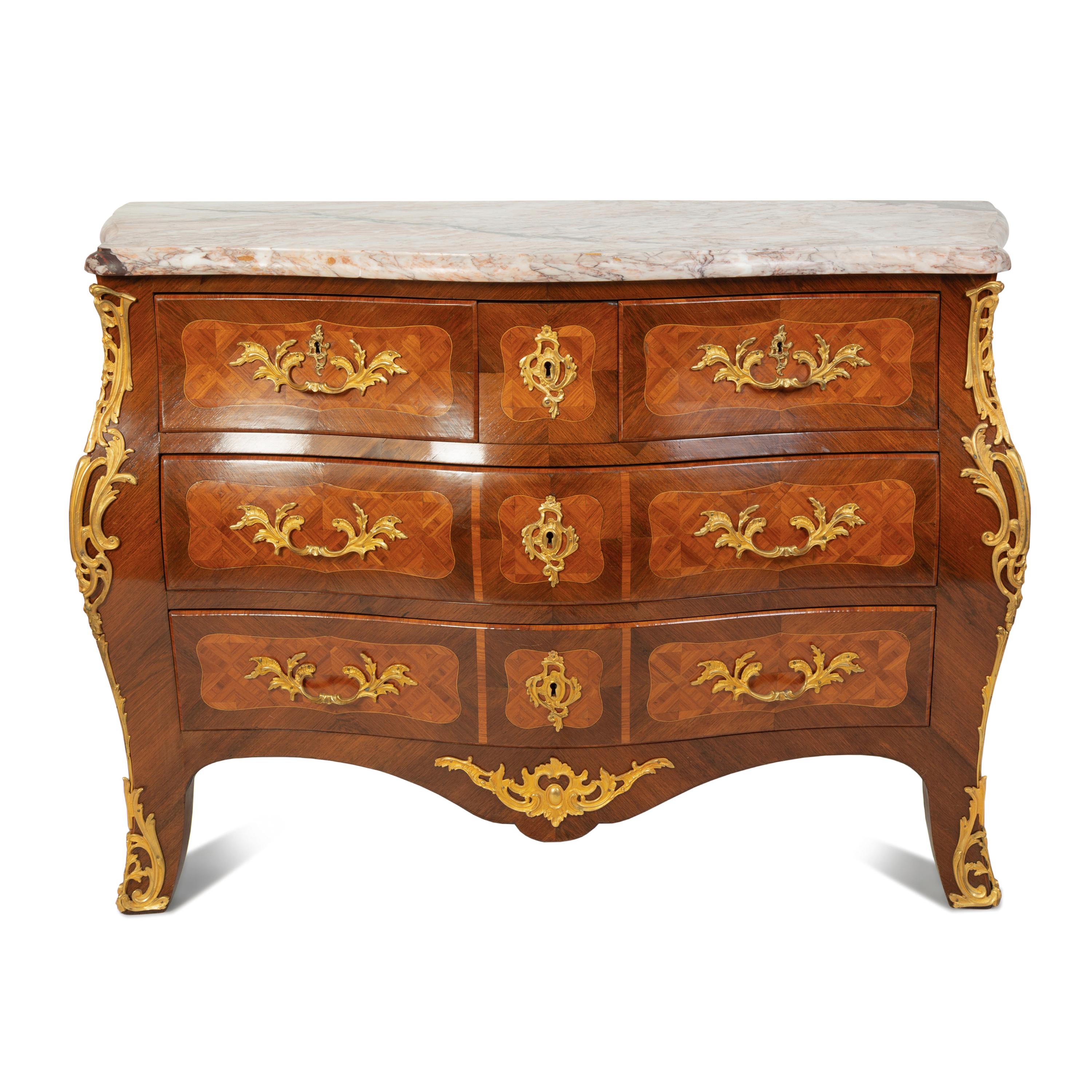 A Louis XV Style Kingwood Parquetry Marble Top Bombe Commode