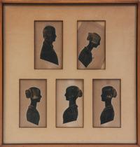 A Set of Five Cut and Paste Profile Bust Silhouettes, in the manner of Frith, Height of frame 12 1/4 x width 11 3/4 inches.