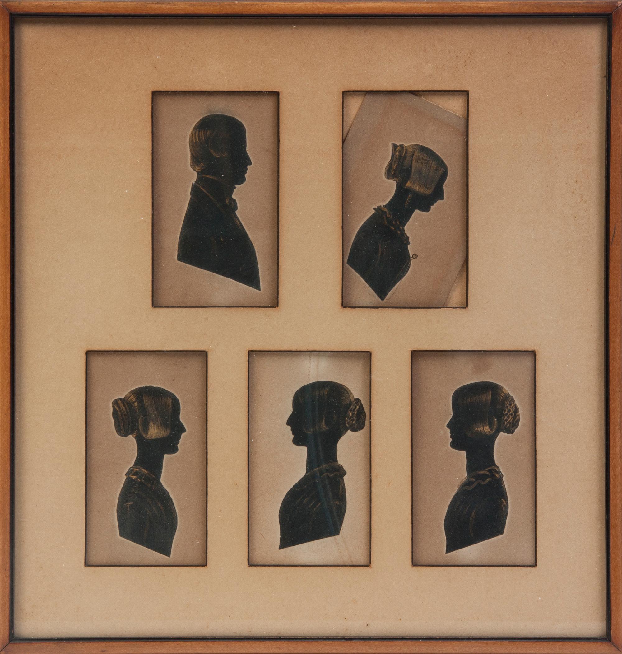 A Set of Five Cut and Paste Profile Bust Silhouettes, in the manner of Frith, Height of frame 12 1/4 x width 11 3/4 inches.
