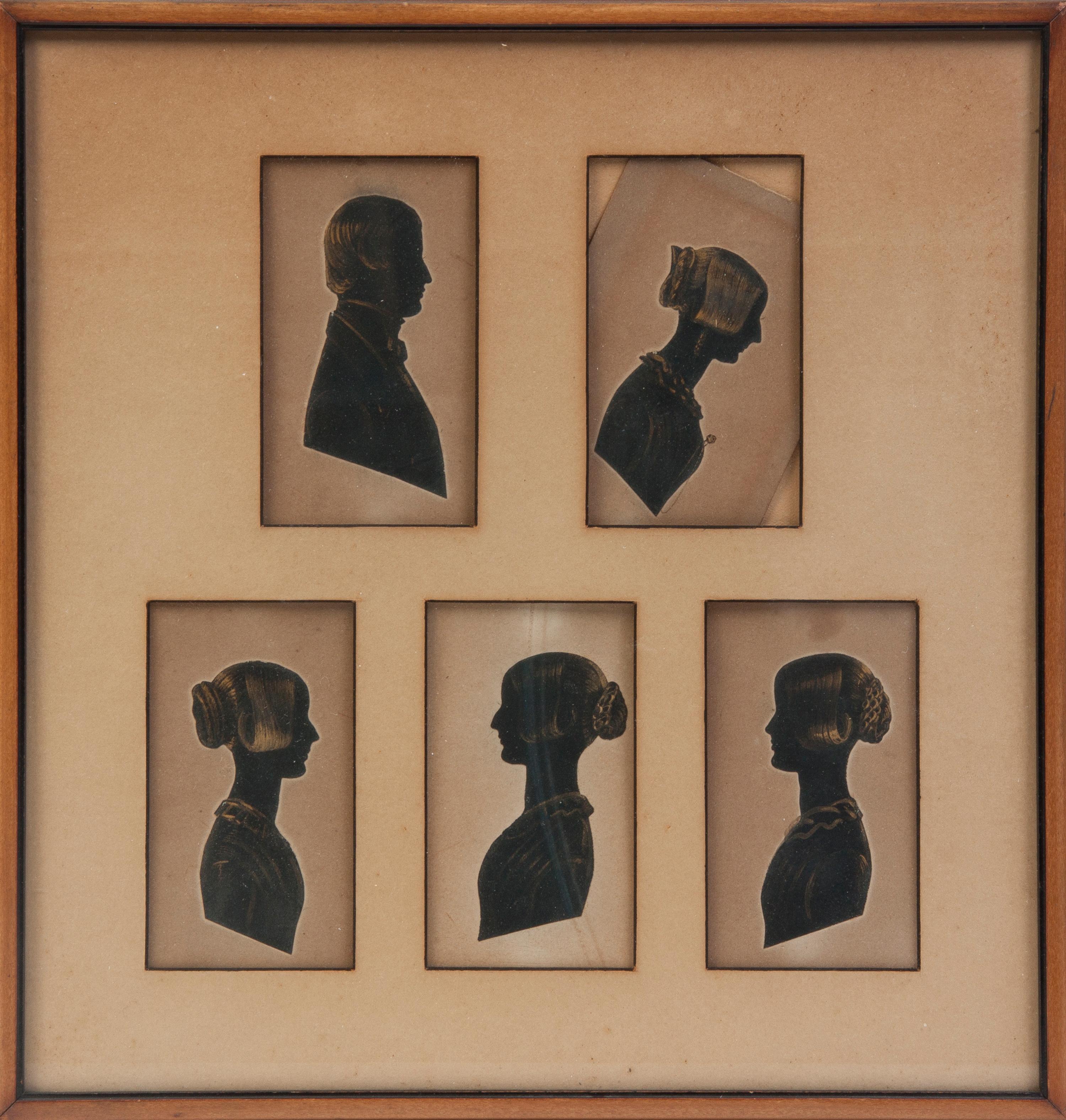 A Set of Five Cut and Paste Profile Bust Silhouettes, in the manner of Frith, Height of frame 12 1/4 x width 11 3/4 inches.