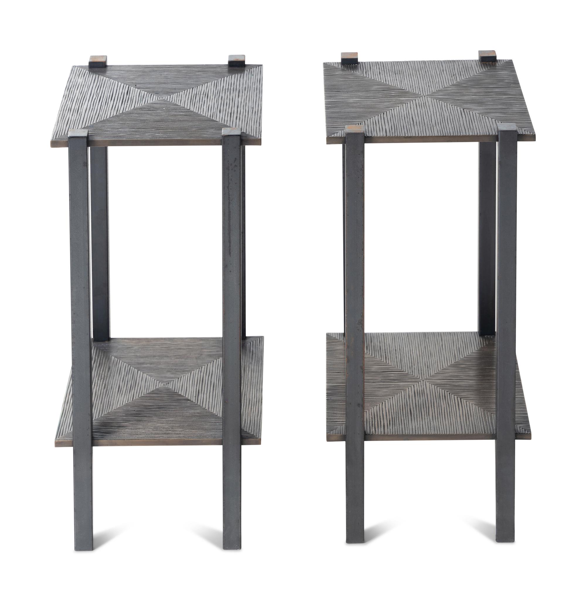A Pair of Tuell and Reynolds Bronze and Steel Hakone Side Tables