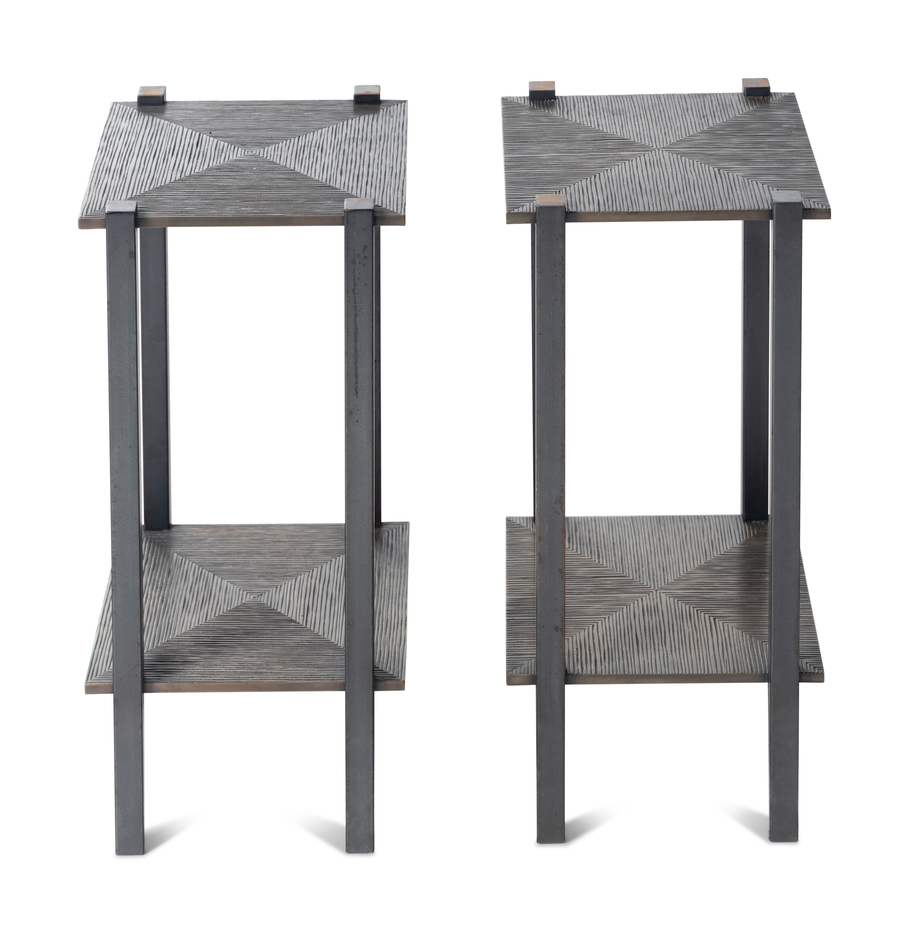 A Pair of Tuell and Reynolds Bronze and Steel Hakone Side Tables