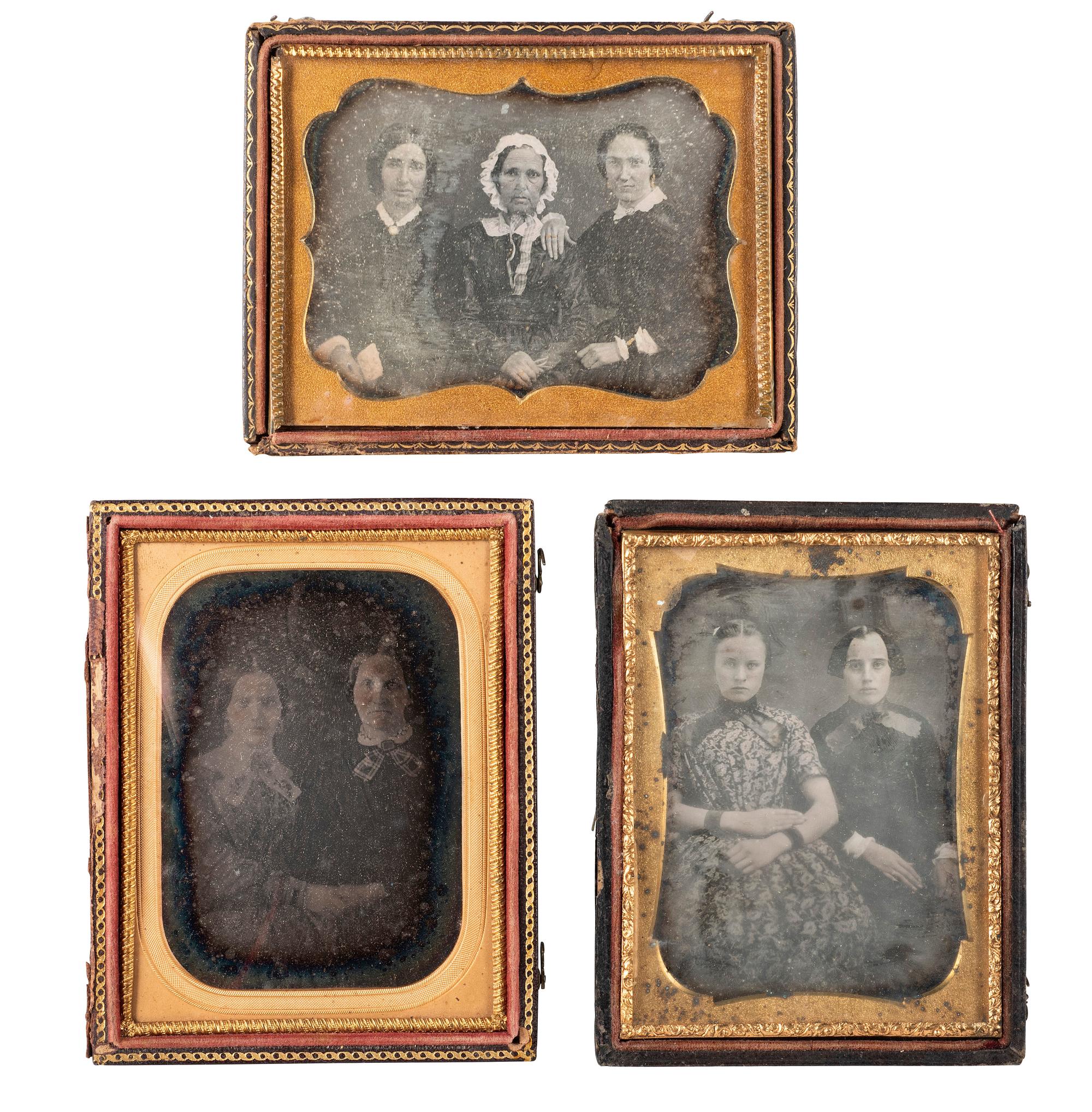 [EARLY PHOTOGRAPHY]. 22 quarter and sixth plate daguerreotype portraits of pairs and trios.