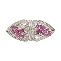 DIAMOND, PINK DIAMOND AND RUBY DOUBLE CLIP BROOCH